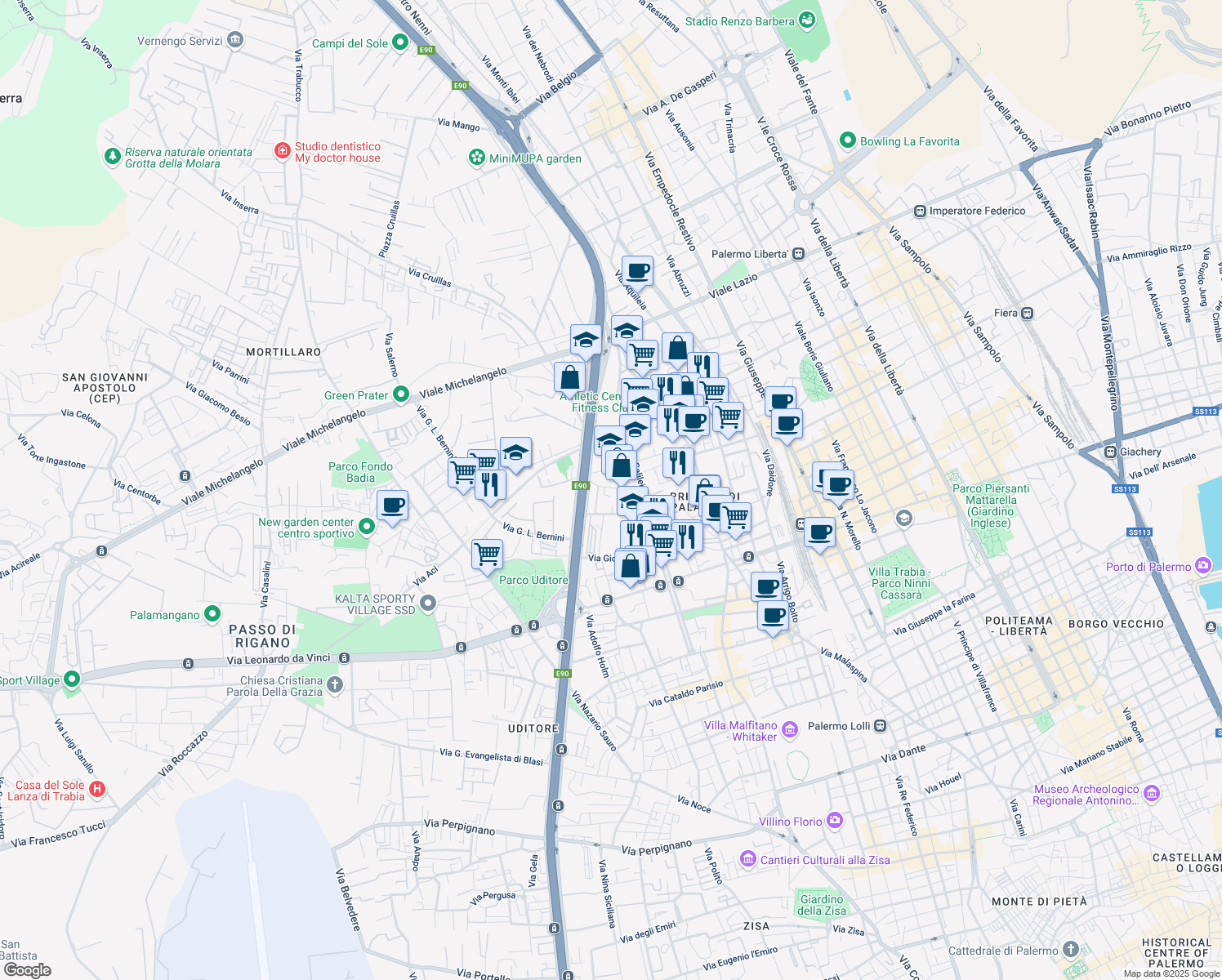map of restaurants, bars, coffee shops, grocery stores, and more near 52 Via Giovanni Paisiello in Palermo