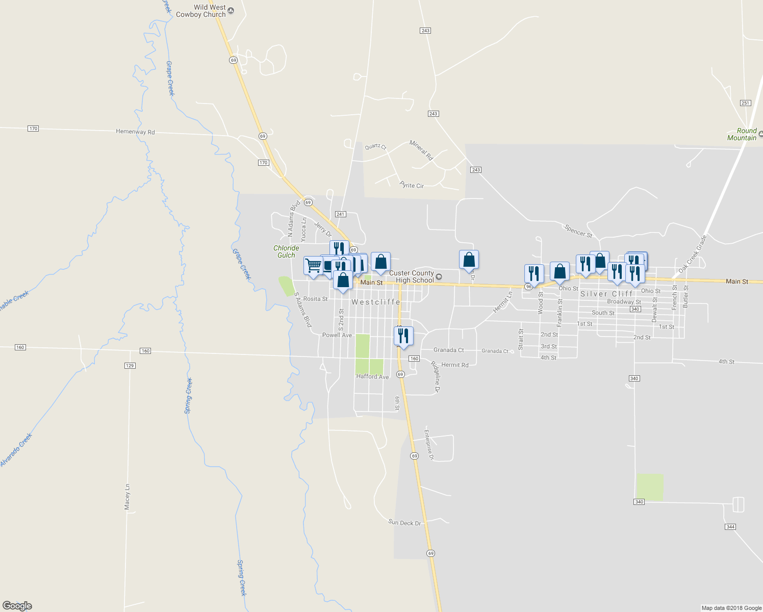 map of restaurants, bars, coffee shops, grocery stores, and more near 208 5th Street in Westcliffe