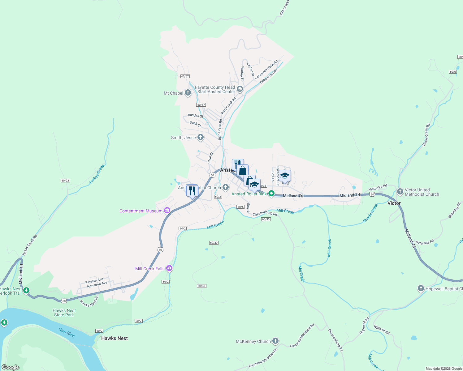 map of restaurants, bars, coffee shops, grocery stores, and more near 85 Holley Street in Ansted