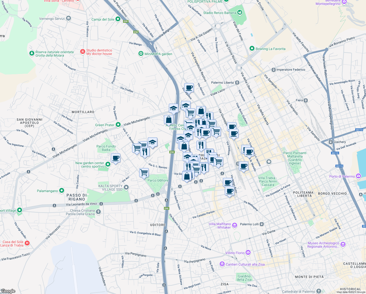 map of restaurants, bars, coffee shops, grocery stores, and more near 52 Via Giovanni Paisiello in Palermo