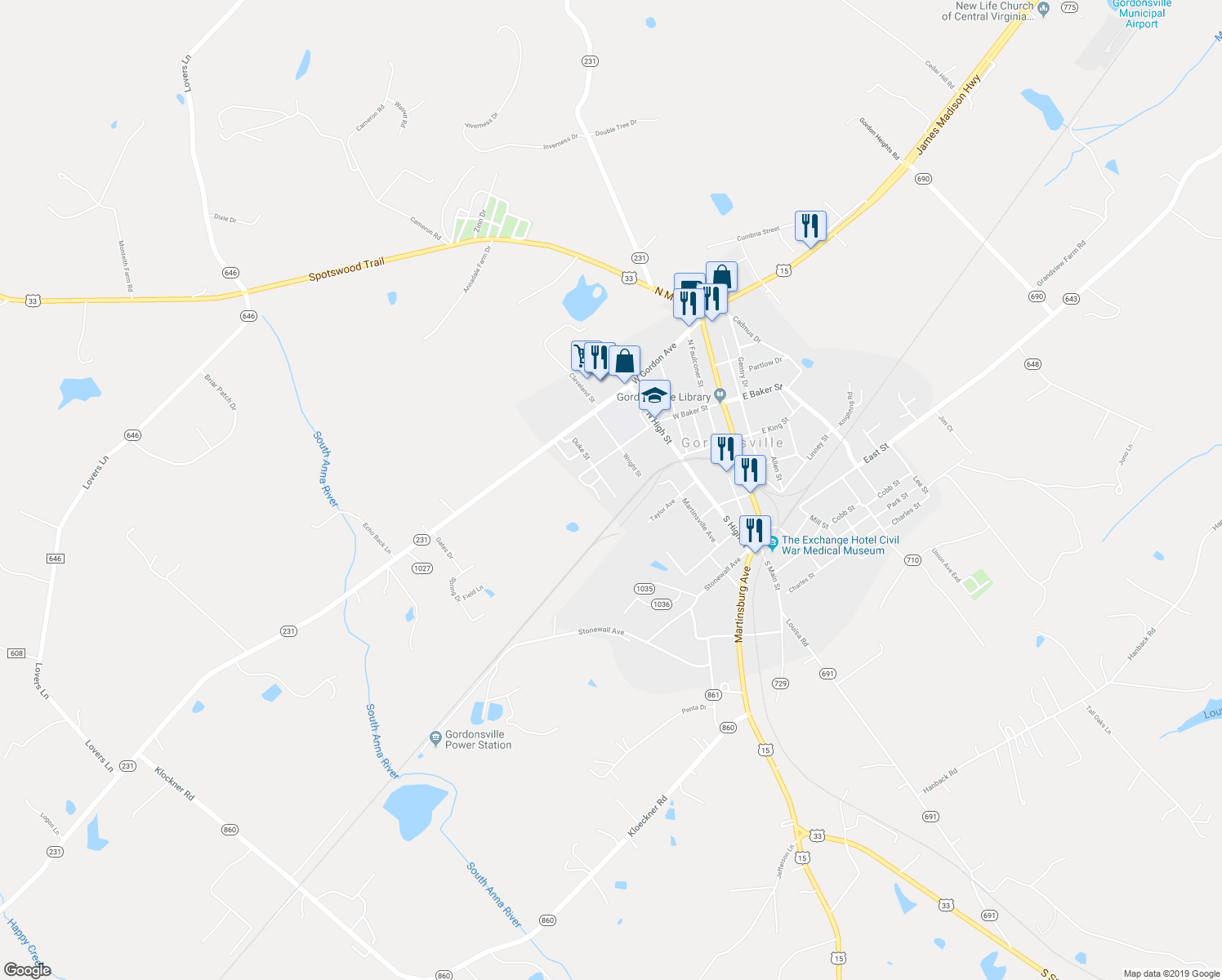 map of restaurants, bars, coffee shops, grocery stores, and more near 206 Duke Street in Gordonsville