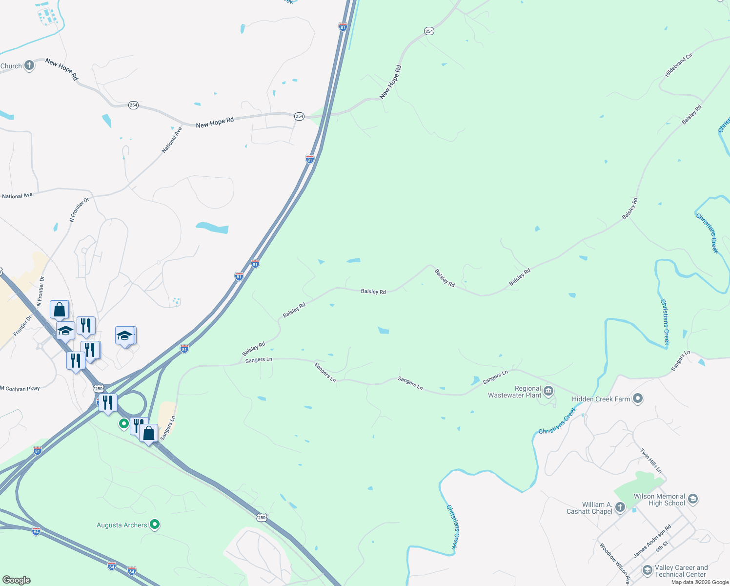 map of restaurants, bars, coffee shops, grocery stores, and more near Balsley Road in Staunton