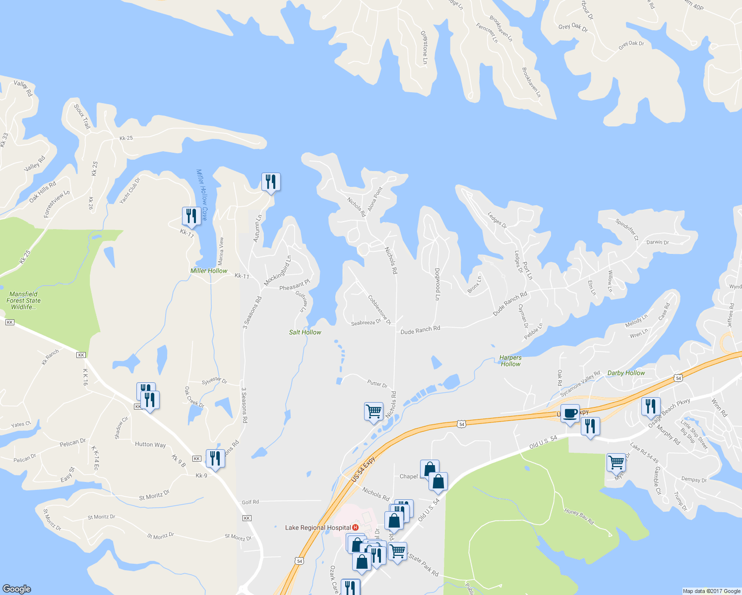 map of restaurants, bars, coffee shops, grocery stores, and more near 5791 Cobblestone Drive in Osage Beach