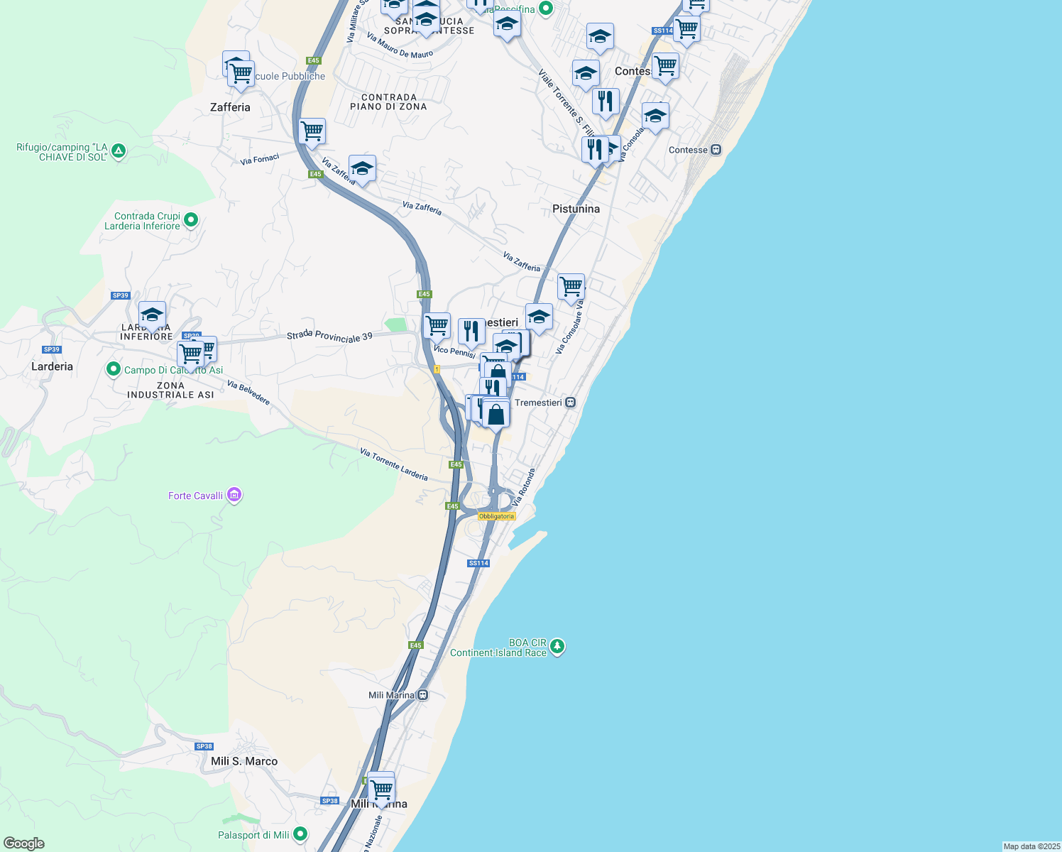 map of restaurants, bars, coffee shops, grocery stores, and more near 277 Località Tremestieri in Messina