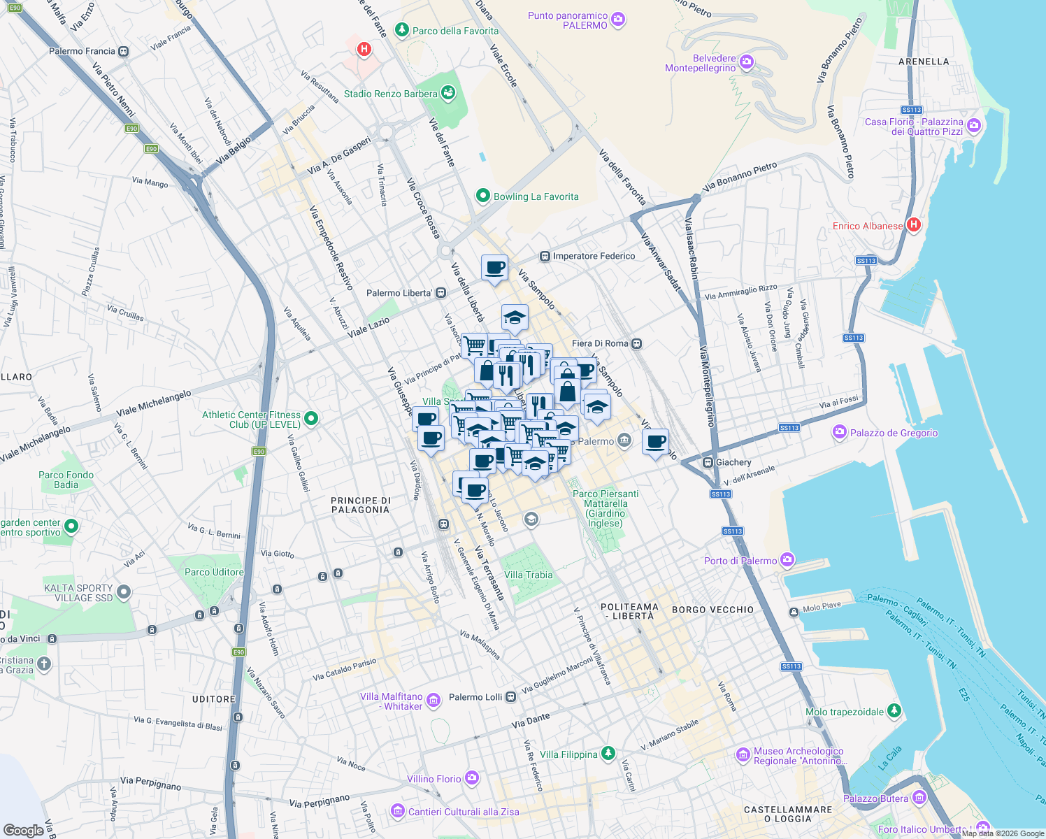 map of restaurants, bars, coffee shops, grocery stores, and more near 72 Via della Libertà in Palermo