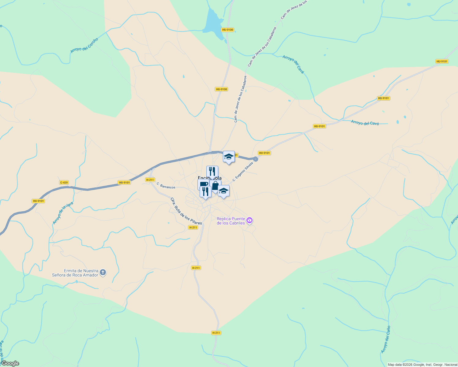 map of restaurants, bars, coffee shops, grocery stores, and more near 37 Calle Abel Moreno in Encinasola
