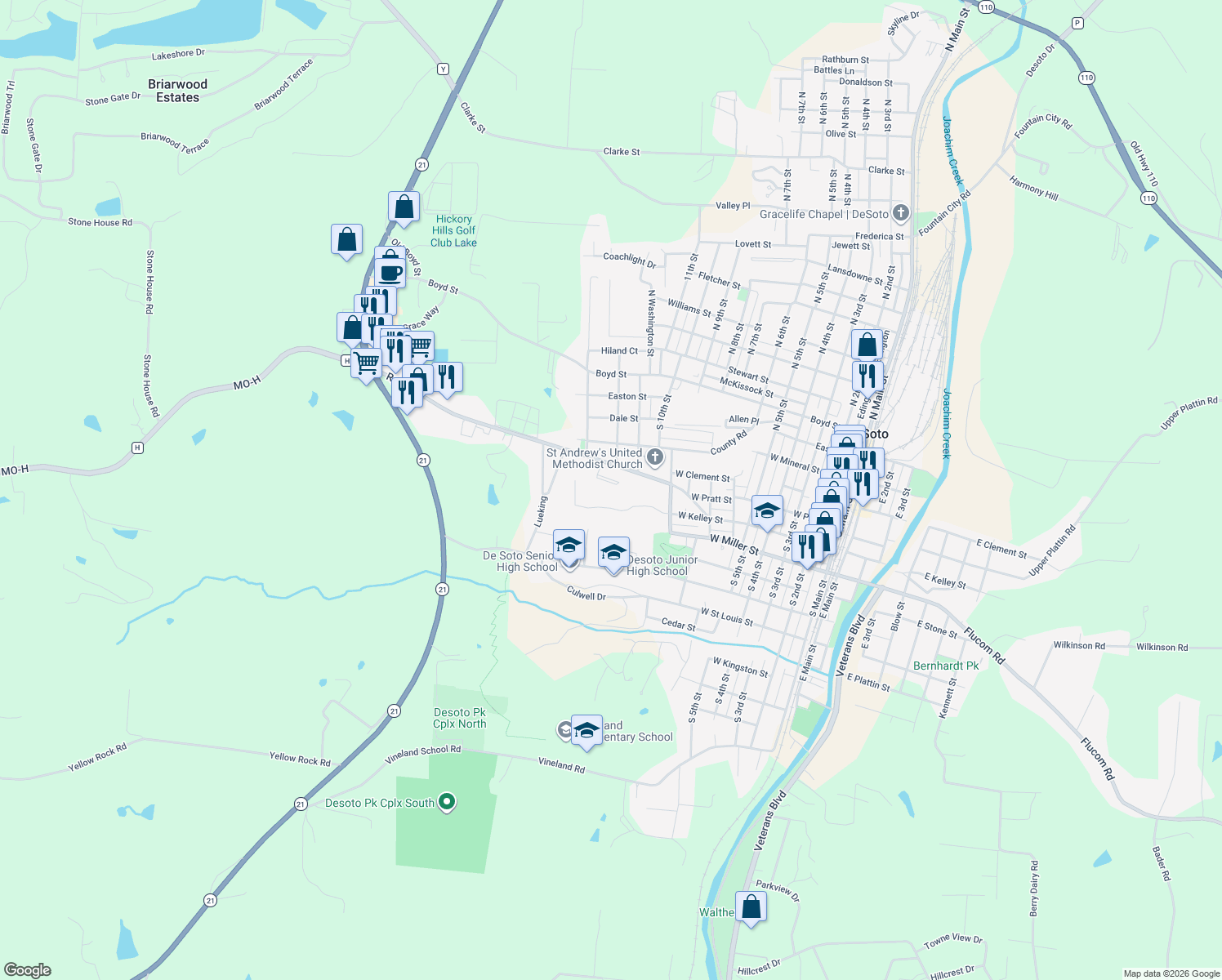 map of restaurants, bars, coffee shops, grocery stores, and more near 1311 Court Drive in De Soto