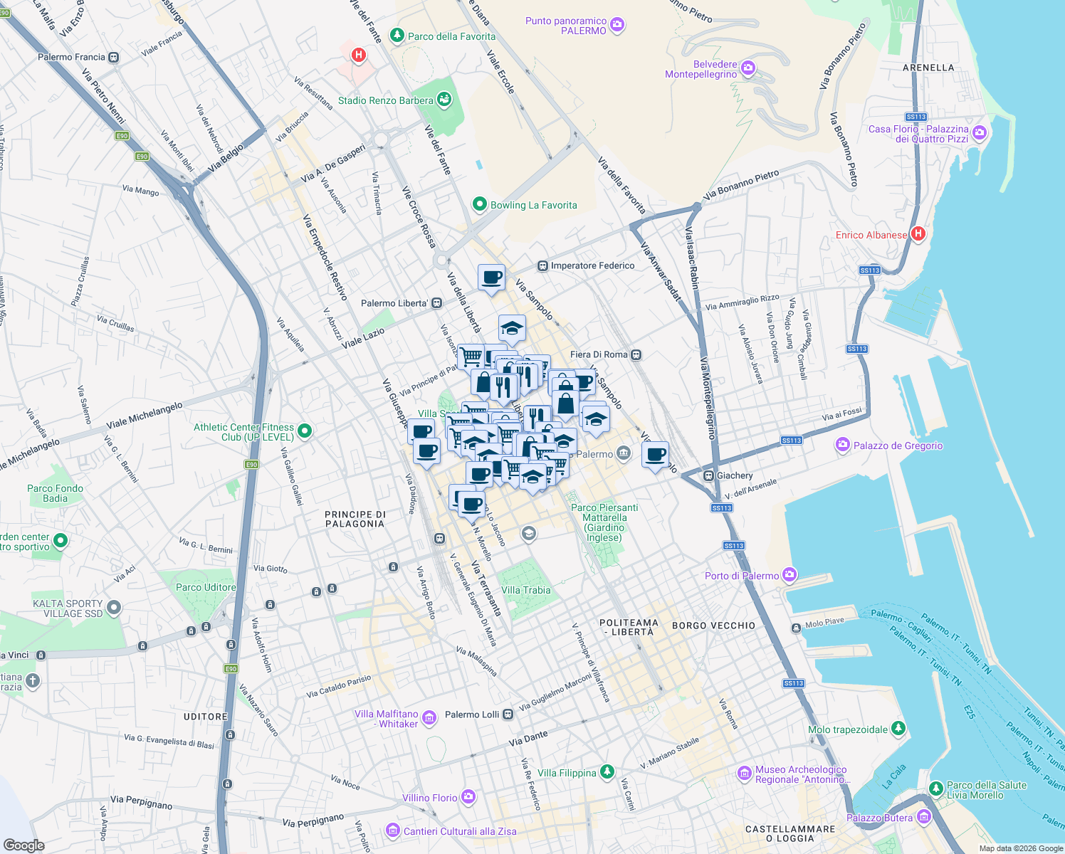 map of restaurants, bars, coffee shops, grocery stores, and more near 70-72 Via della Libertà in Palermo
