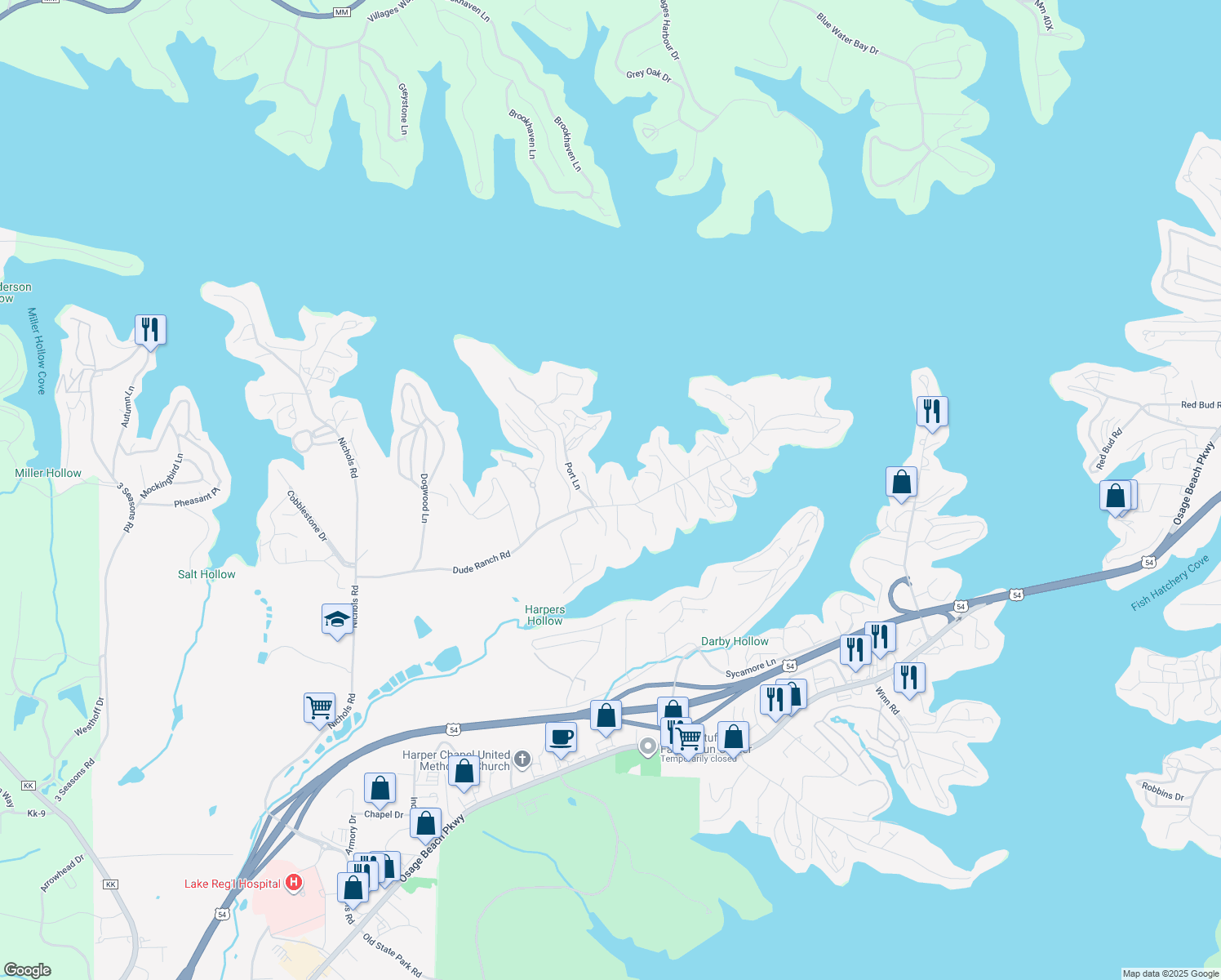 map of restaurants, bars, coffee shops, grocery stores, and more near Evergreen Lane in Osage Beach