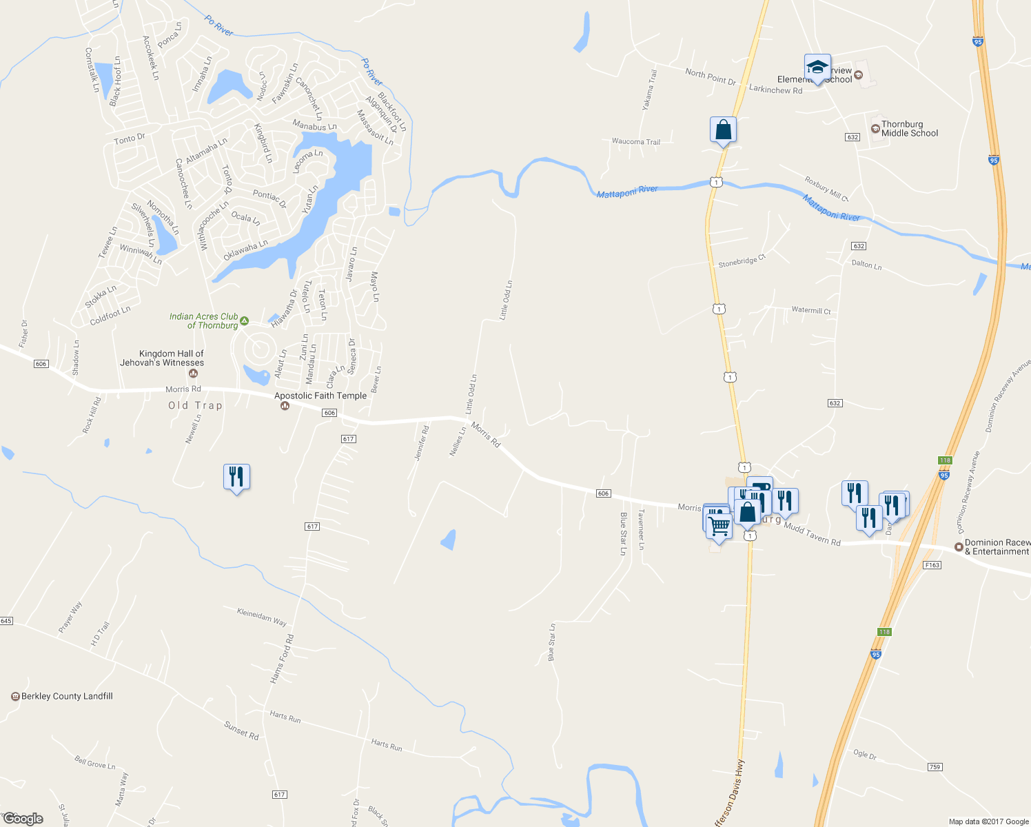 map of restaurants, bars, coffee shops, grocery stores, and more near 5825 Morris Road in Spotsylvania Courthouse