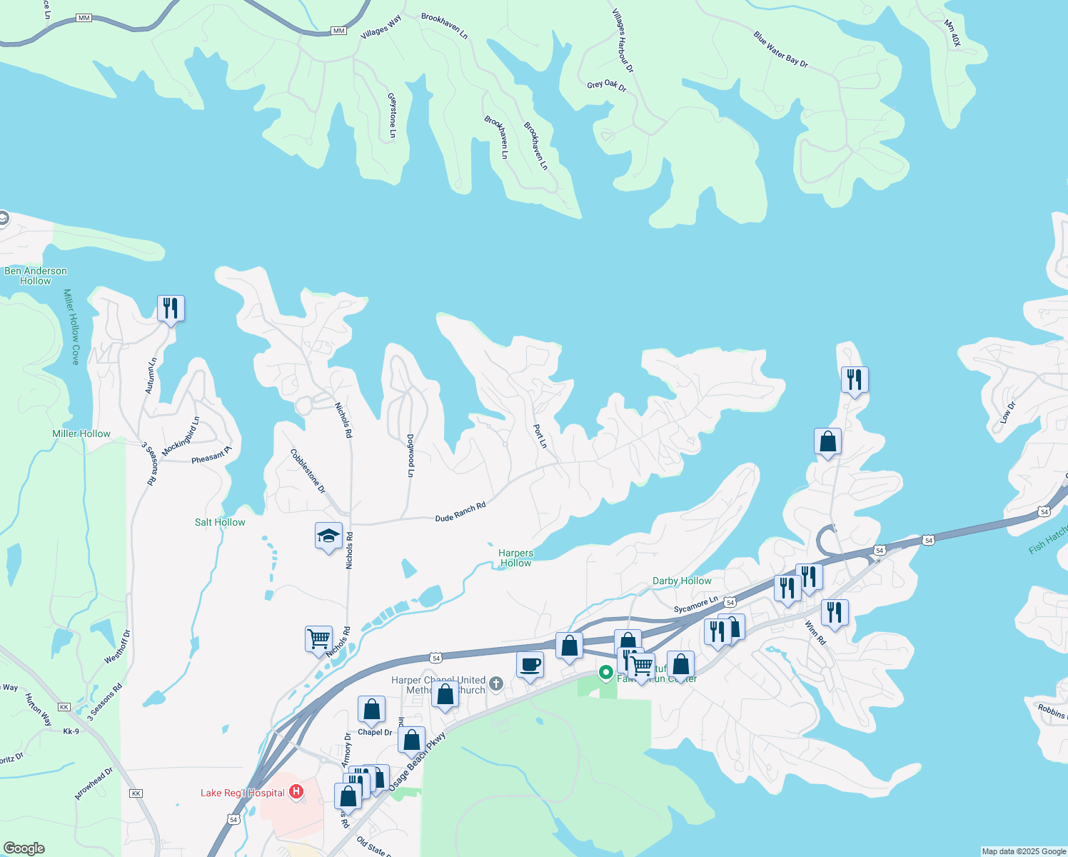 map of restaurants, bars, coffee shops, grocery stores, and more near 1354 Port Lane in Osage Beach