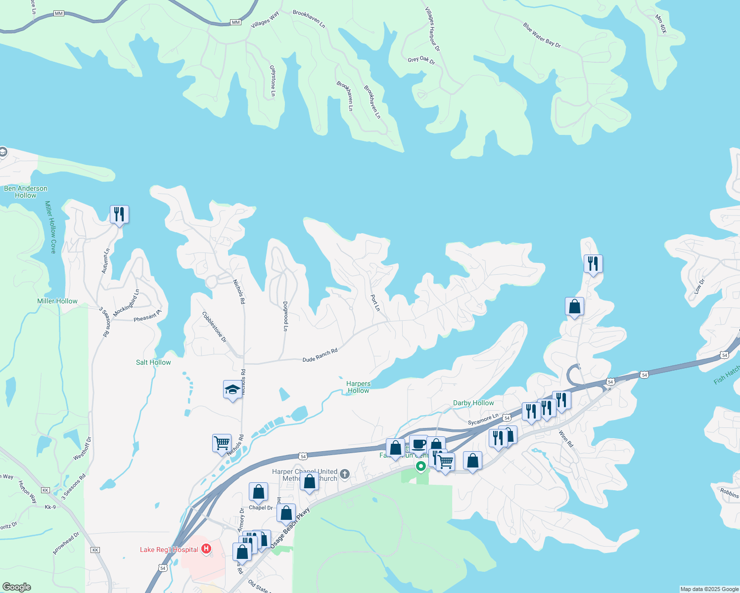 map of restaurants, bars, coffee shops, grocery stores, and more near 1354 Port Lane in Osage Beach