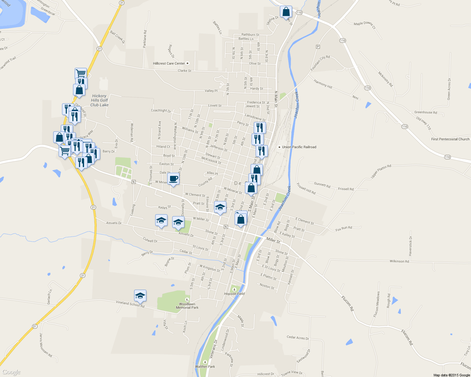 map of restaurants, bars, coffee shops, grocery stores, and more near 300 West Mineral Street in De Soto