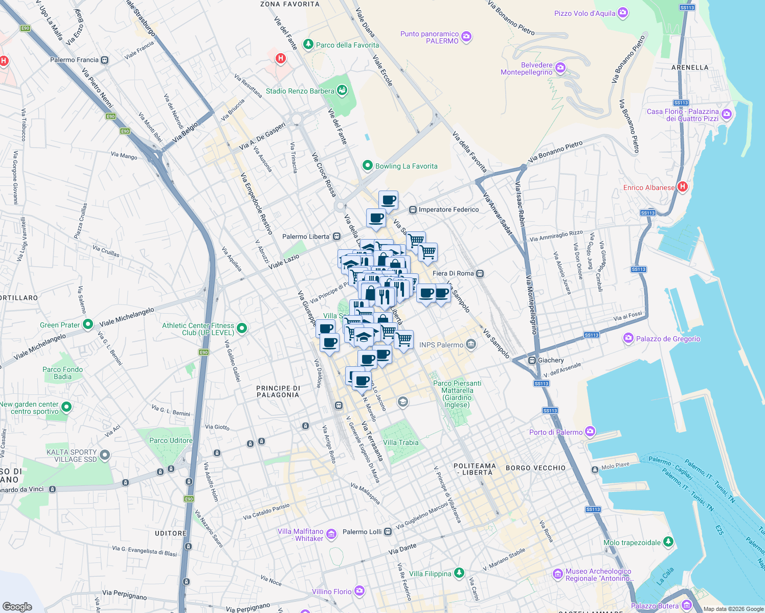 map of restaurants, bars, coffee shops, grocery stores, and more near 20 Via Ugo Foscolo in Palermo