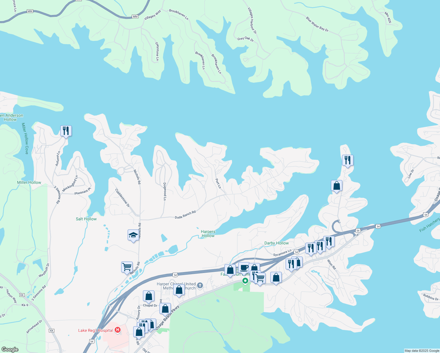 map of restaurants, bars, coffee shops, grocery stores, and more near 1354 Port Lane in Osage Beach