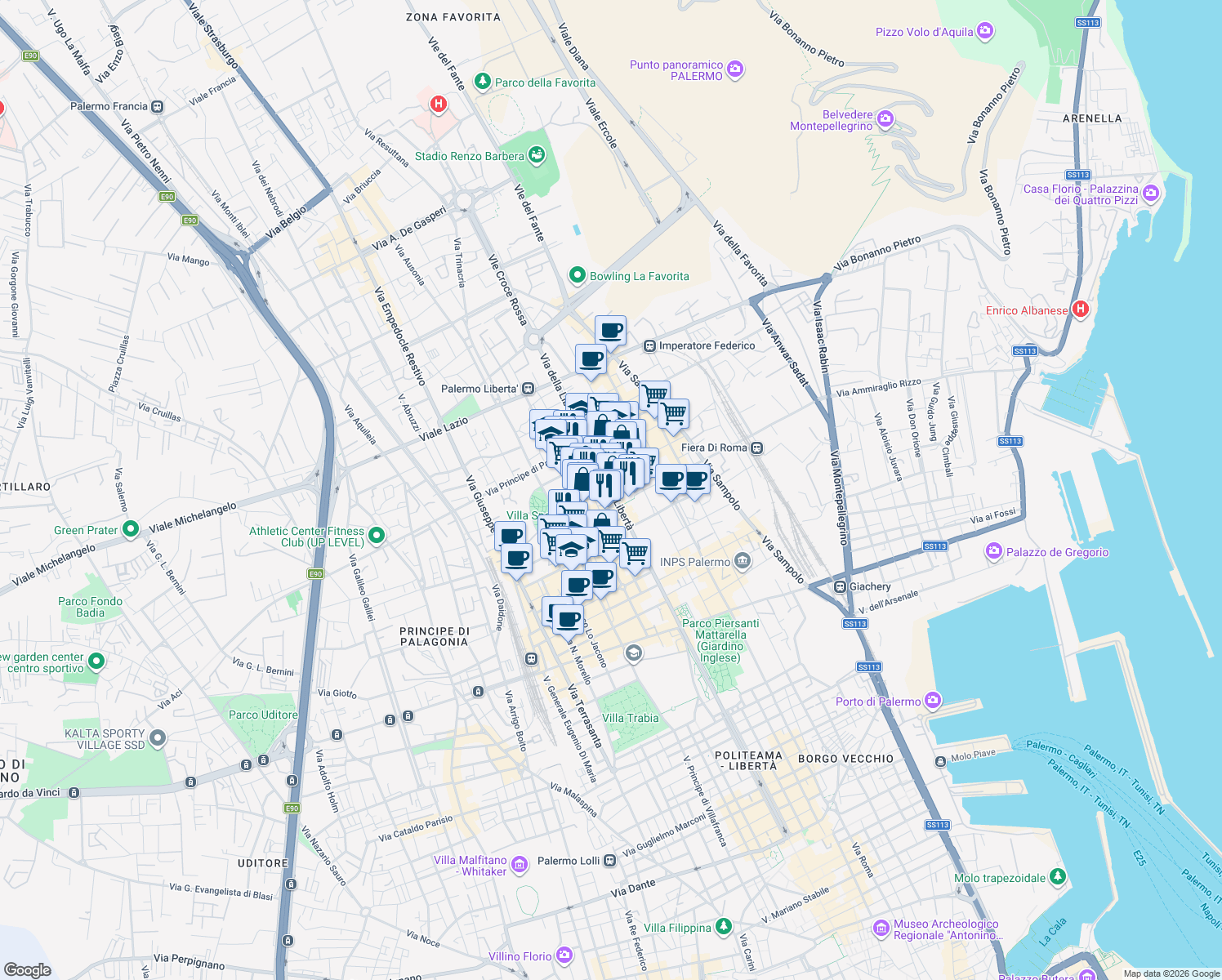 map of restaurants, bars, coffee shops, grocery stores, and more near 20 Via Ugo Foscolo in Palermo