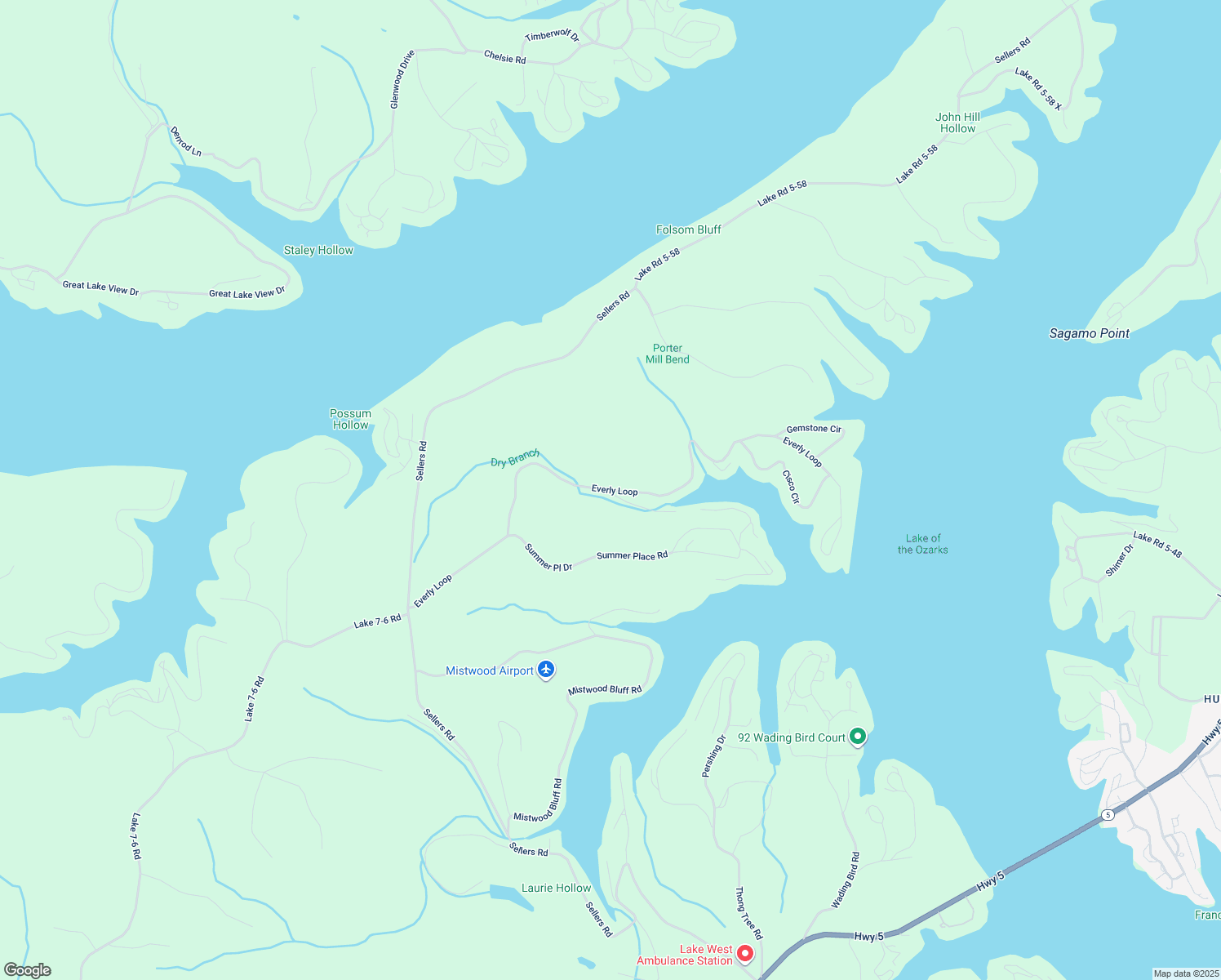 map of restaurants, bars, coffee shops, grocery stores, and more near Lake Road 5-58 L in Camdenton