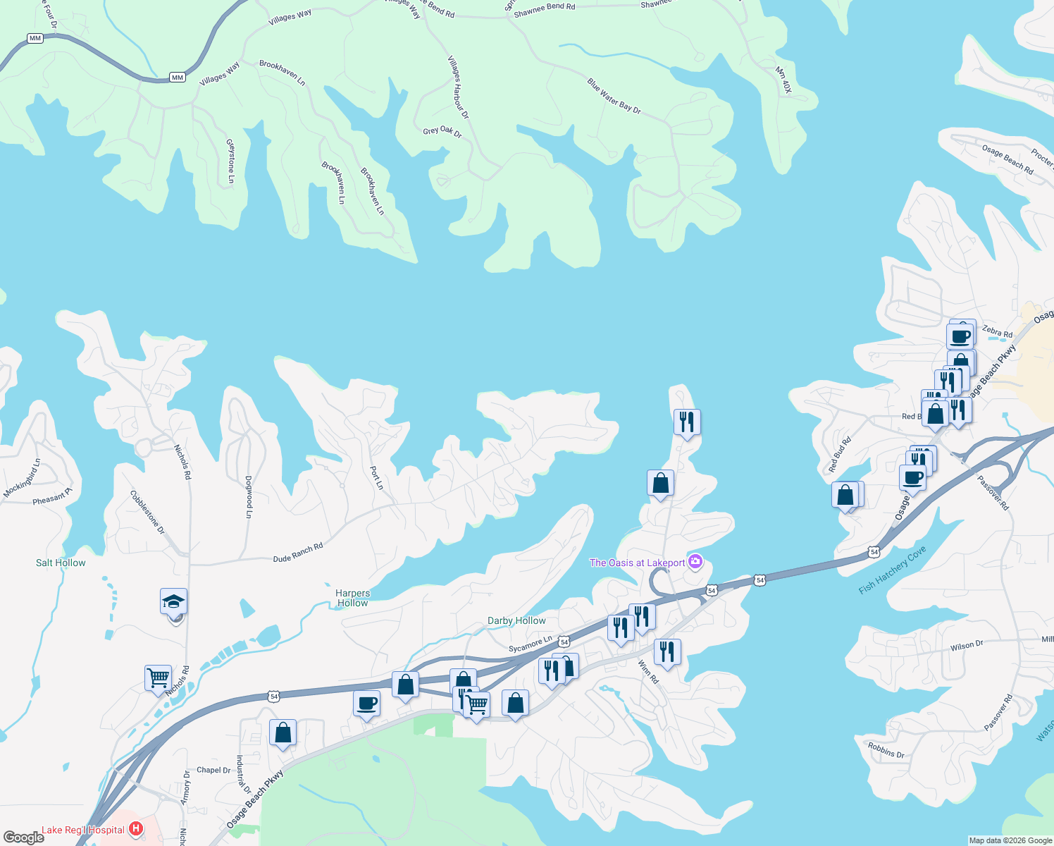map of restaurants, bars, coffee shops, grocery stores, and more near 1323 Spindrifter Court in Osage Beach