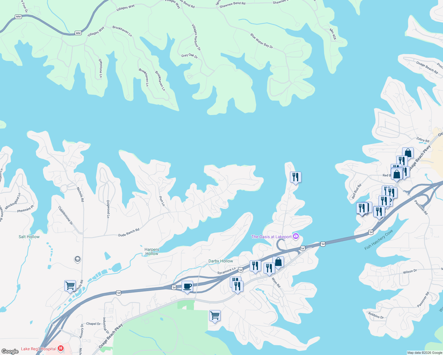 map of restaurants, bars, coffee shops, grocery stores, and more near 1319-1323 Spindrifter Court in Osage Beach