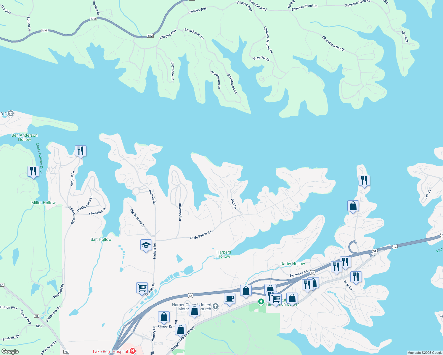 map of restaurants, bars, coffee shops, grocery stores, and more near 632 Ledges Drive in Osage Beach