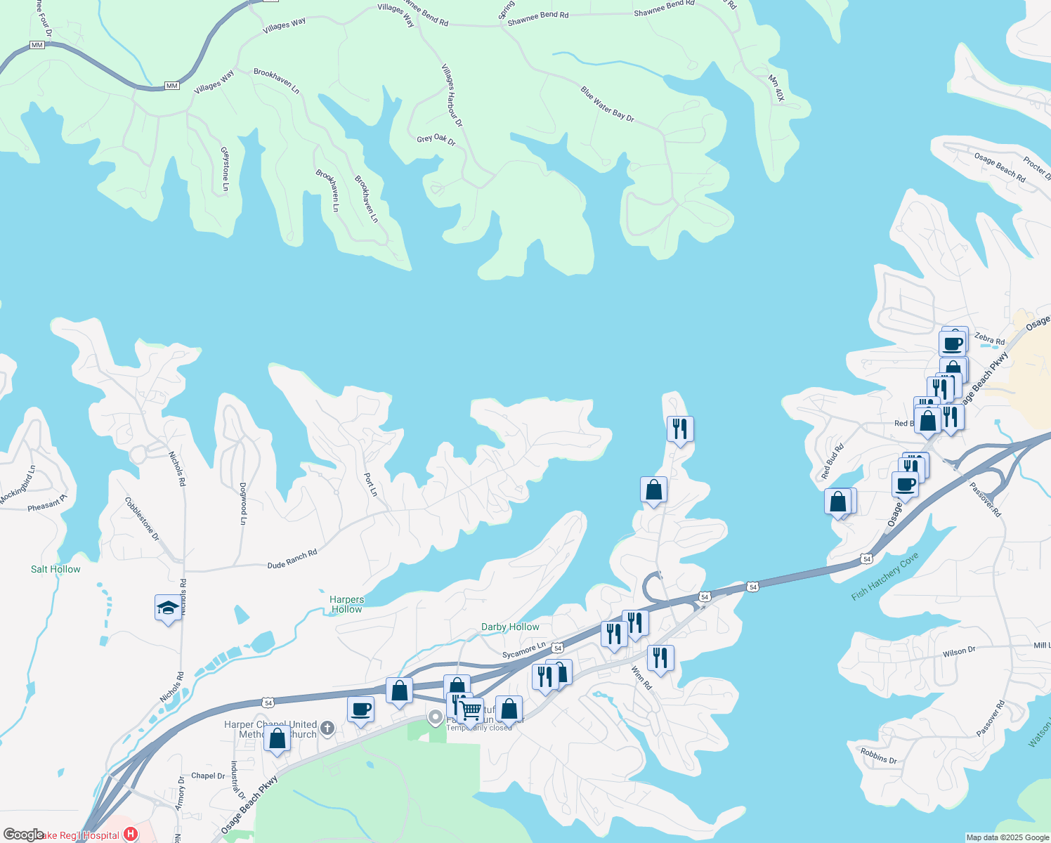 map of restaurants, bars, coffee shops, grocery stores, and more near 1325-1427 Spindrifter Ct in Osage Beach