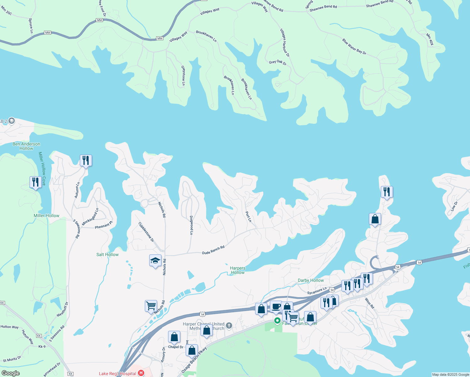 map of restaurants, bars, coffee shops, grocery stores, and more near 632 Ledges Drive in Osage Beach
