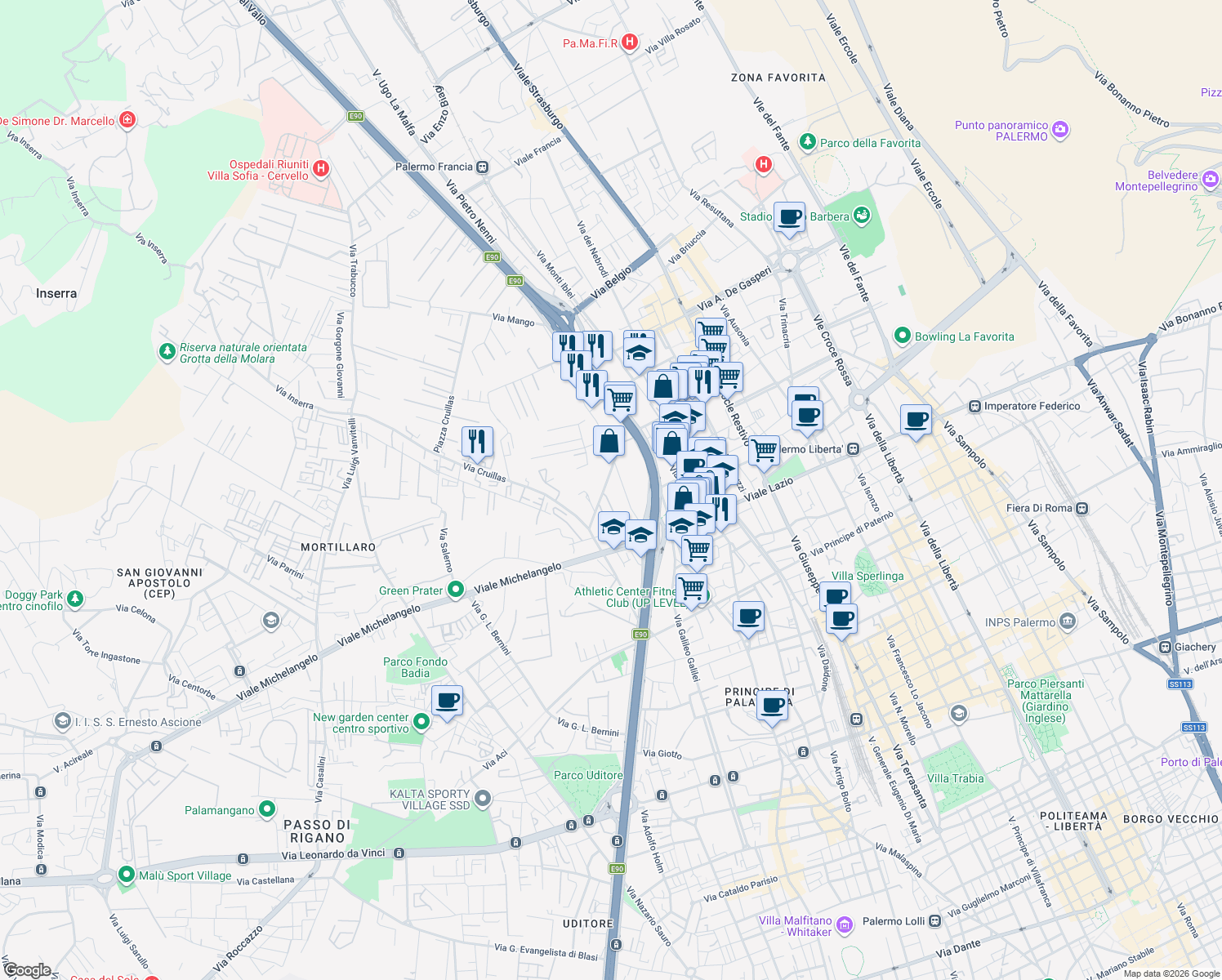map of restaurants, bars, coffee shops, grocery stores, and more near 29 Via Emanuele Oliveri Mandalà in Palermo