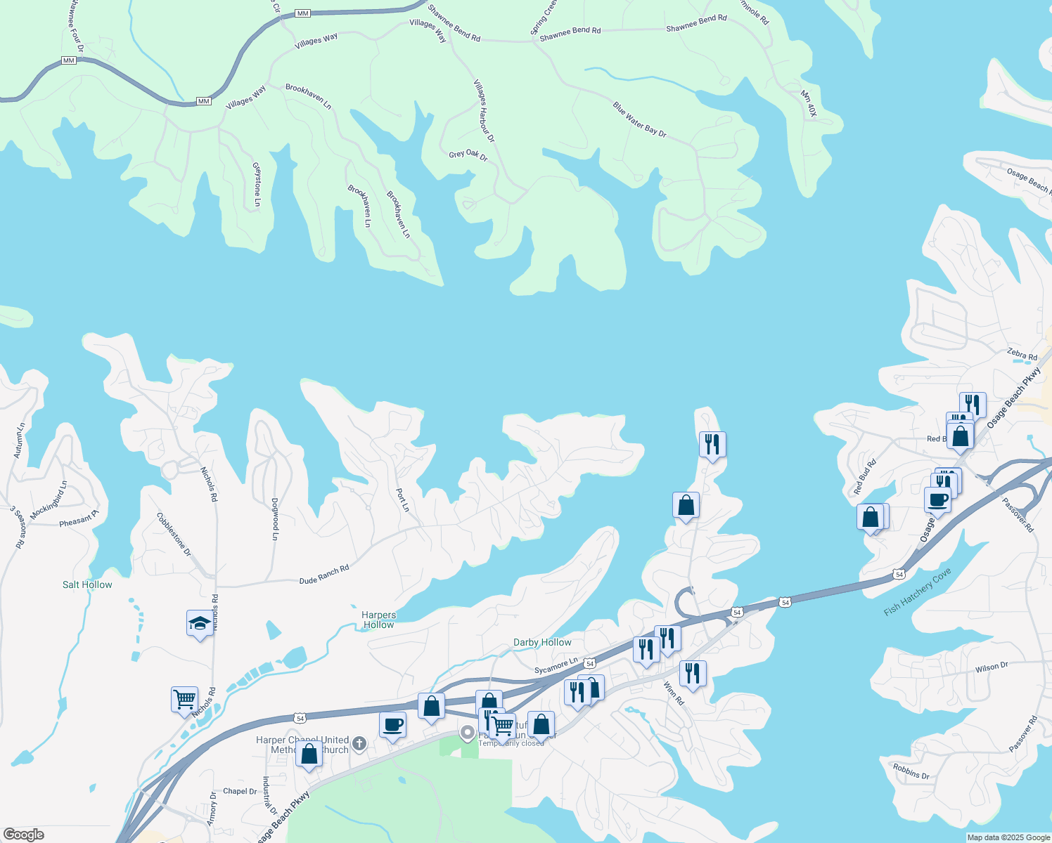 map of restaurants, bars, coffee shops, grocery stores, and more near 1427 Spindrifter Court in Osage Beach