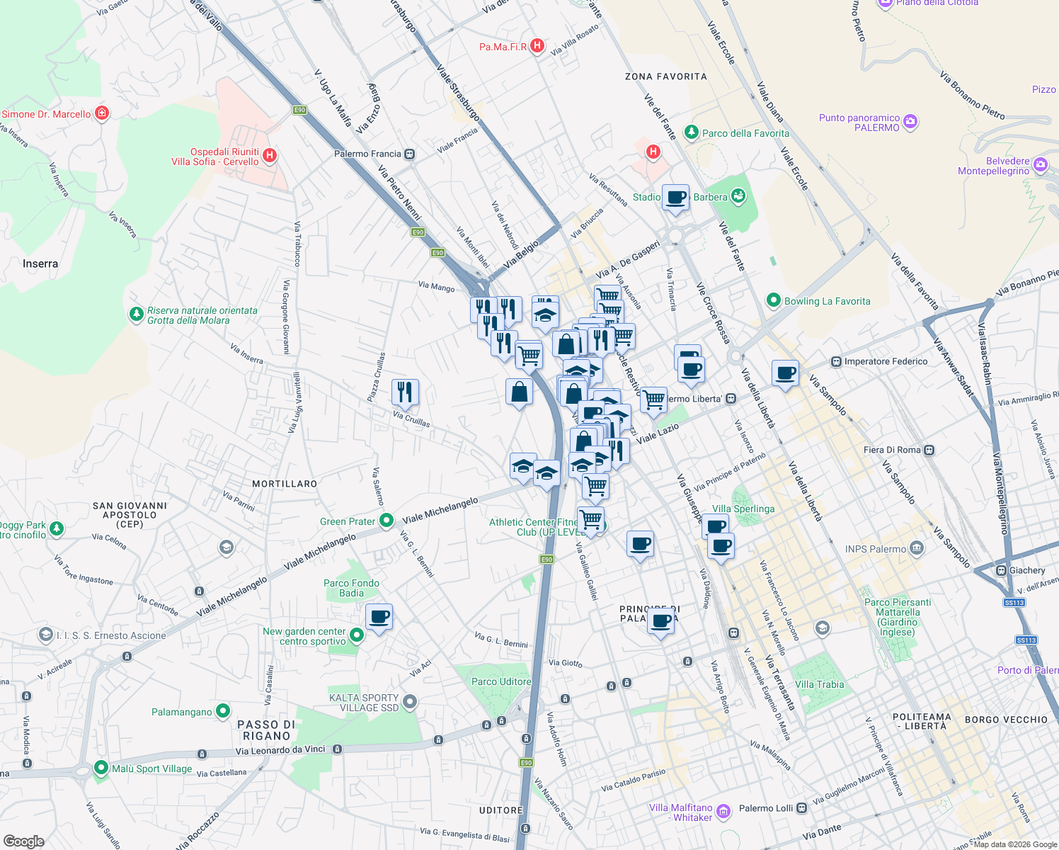 map of restaurants, bars, coffee shops, grocery stores, and more near 29 Via Emanuele Oliveri Mandalà in Palermo