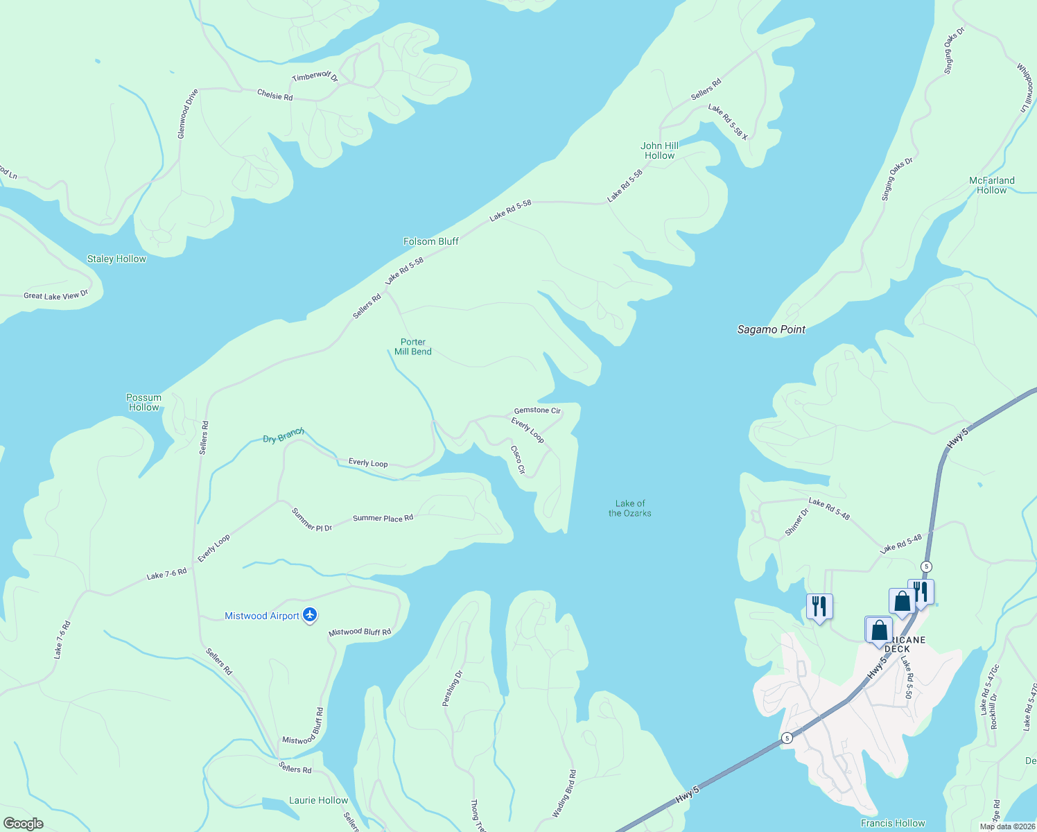 map of restaurants, bars, coffee shops, grocery stores, and more near Lake Road 5-58 L in Camdenton