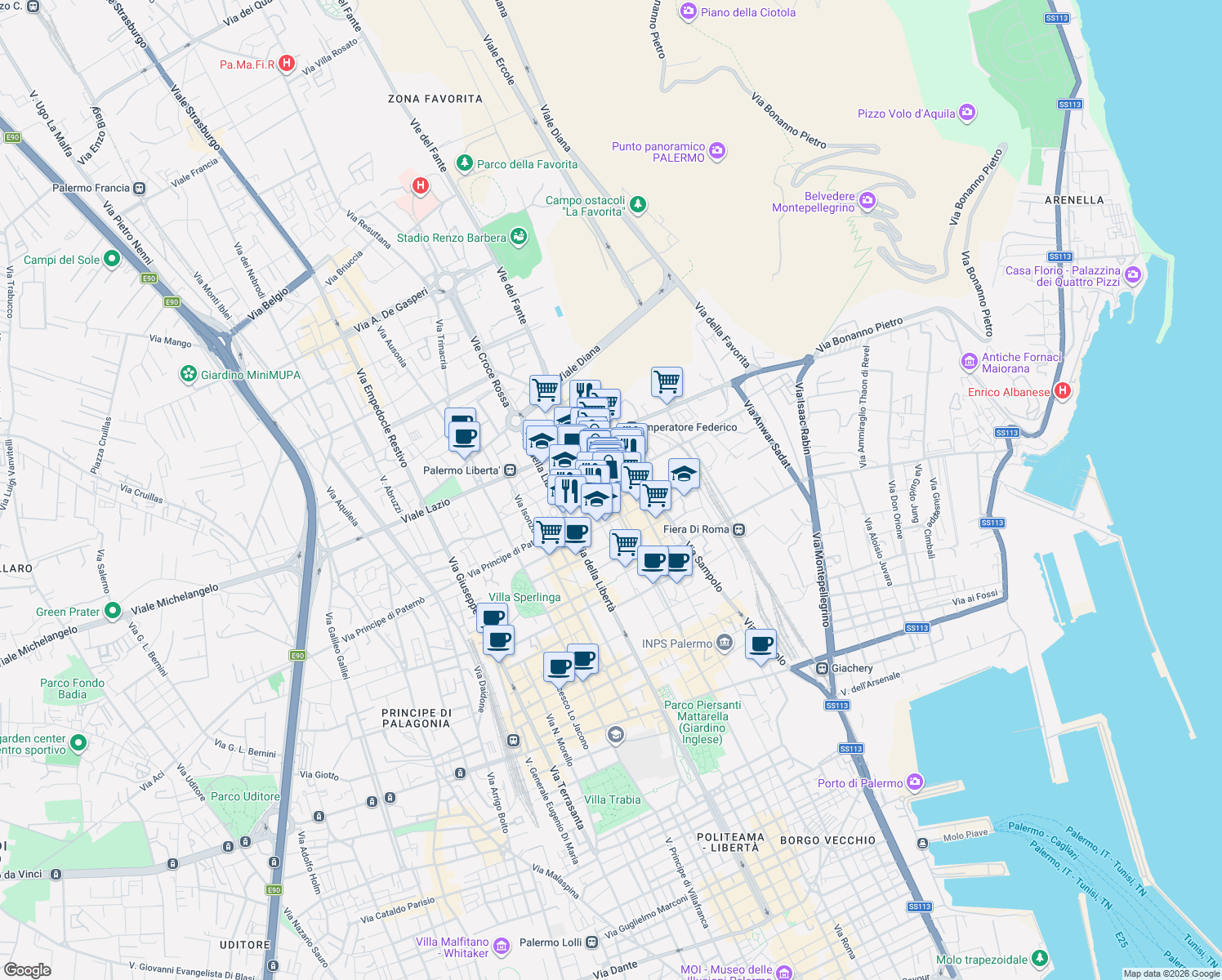 map of restaurants, bars, coffee shops, grocery stores, and more near 23 Via Alessandro La Marmora in Palermo