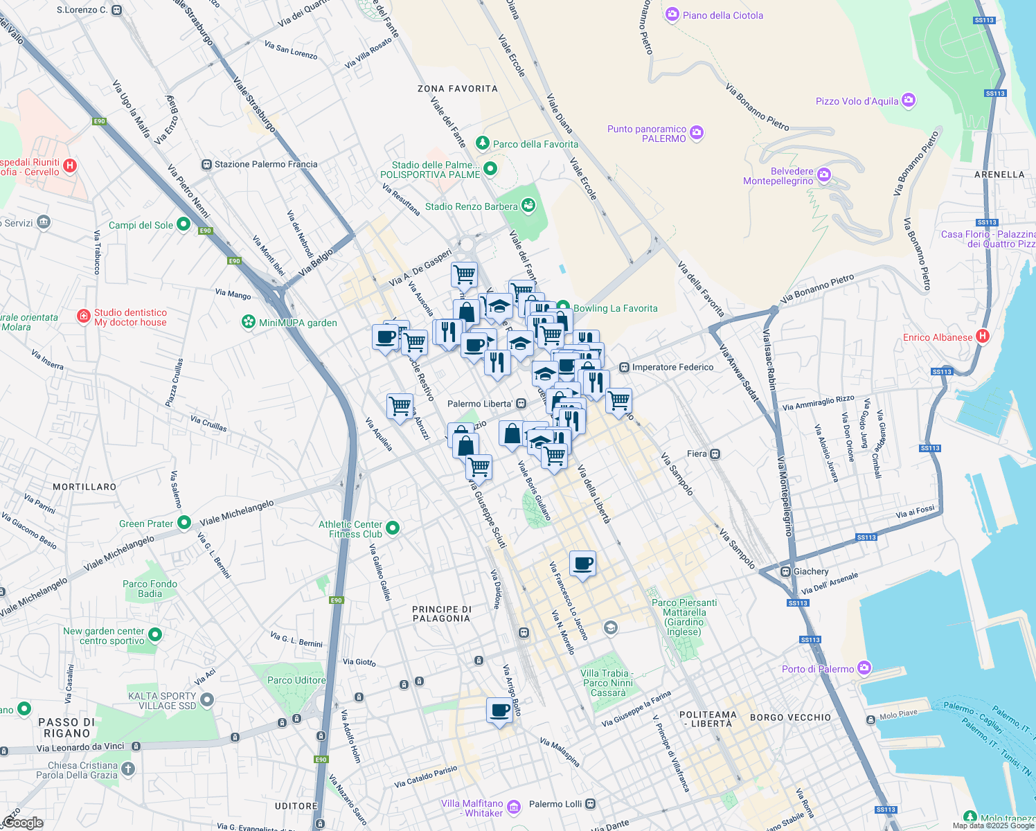 map of restaurants, bars, coffee shops, grocery stores, and more near 4-12 Via Sicilia in Palermo