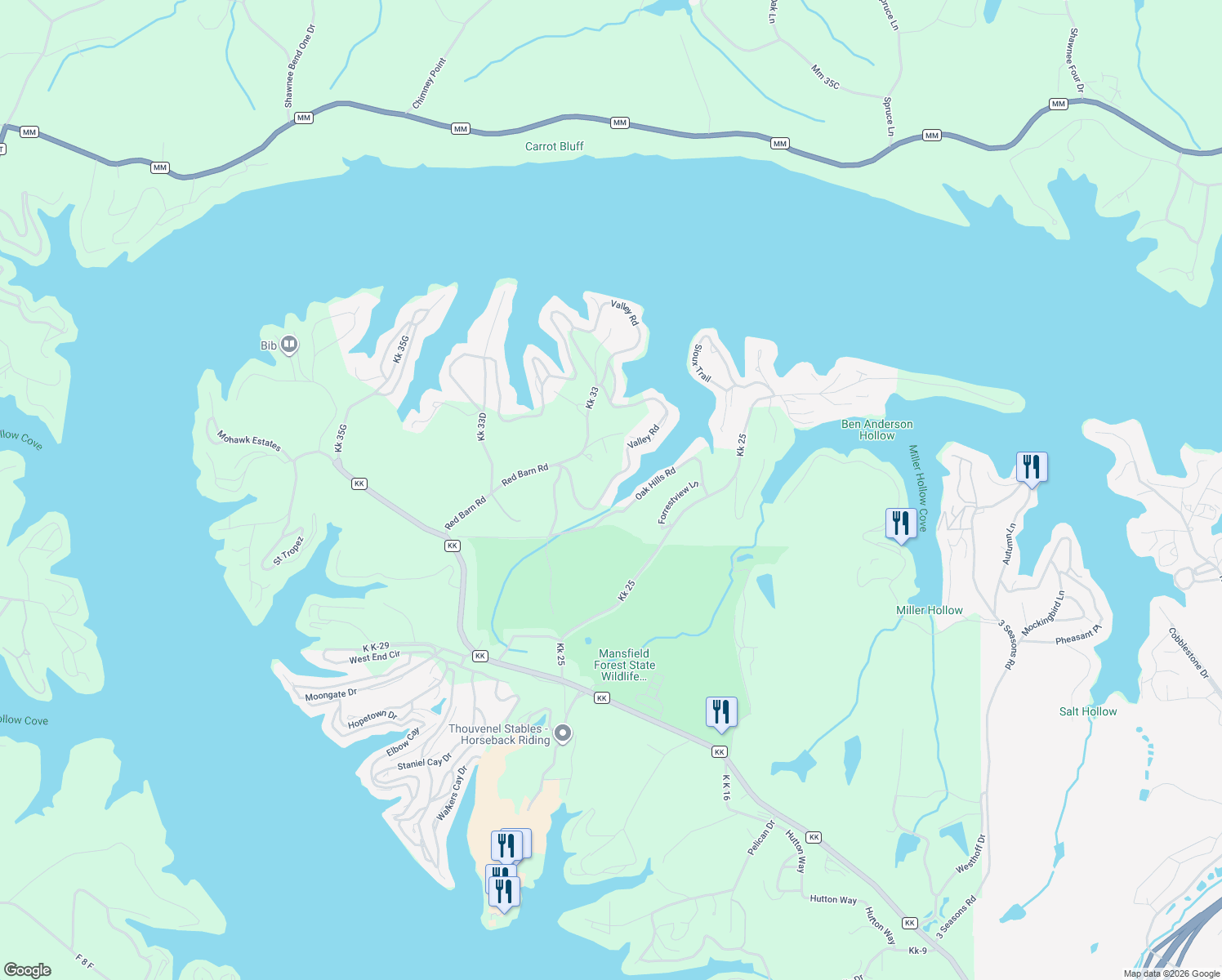 map of restaurants, bars, coffee shops, grocery stores, and more near Kk 33D in Osage Beach