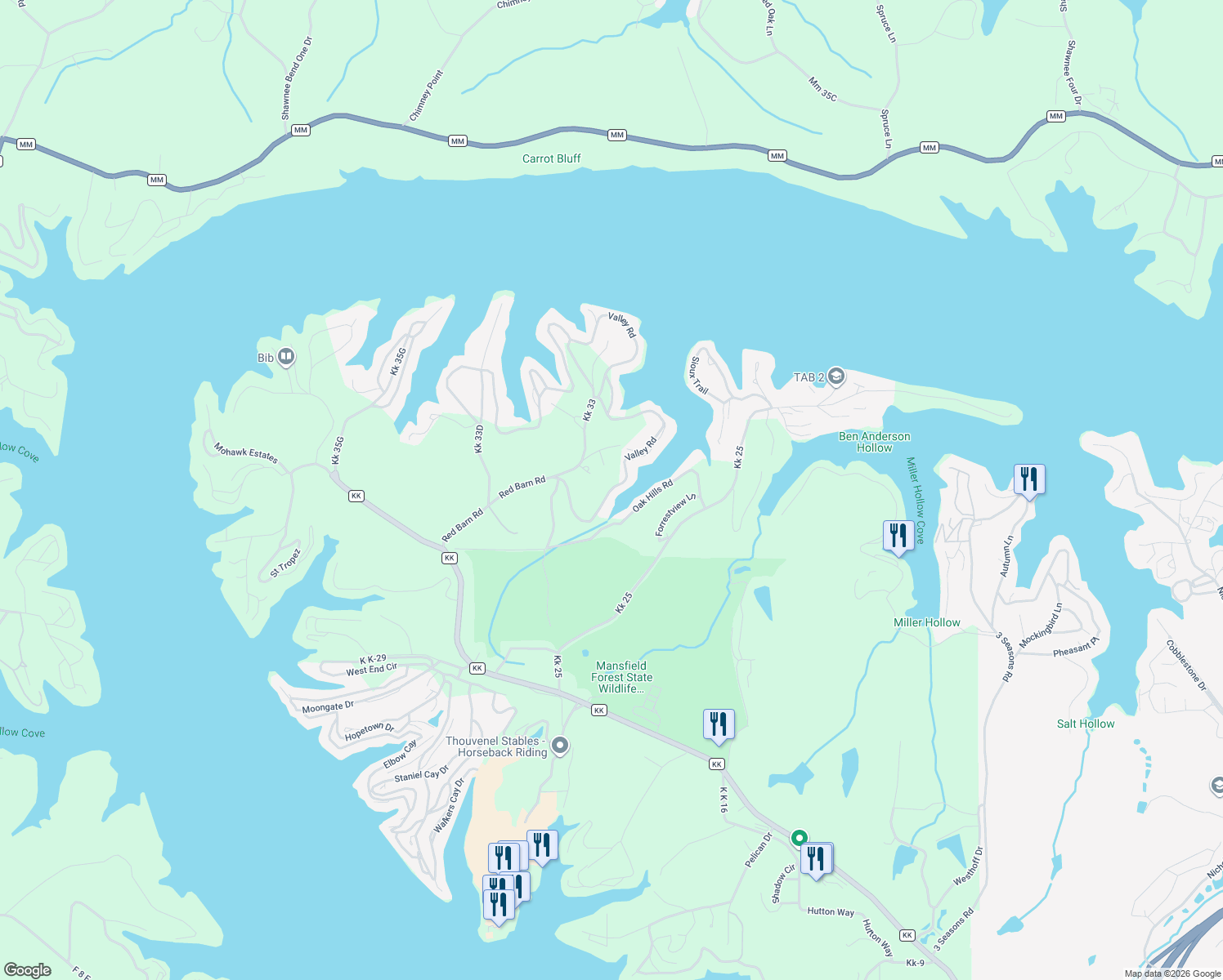 map of restaurants, bars, coffee shops, grocery stores, and more near Kk 33D in Osage Beach
