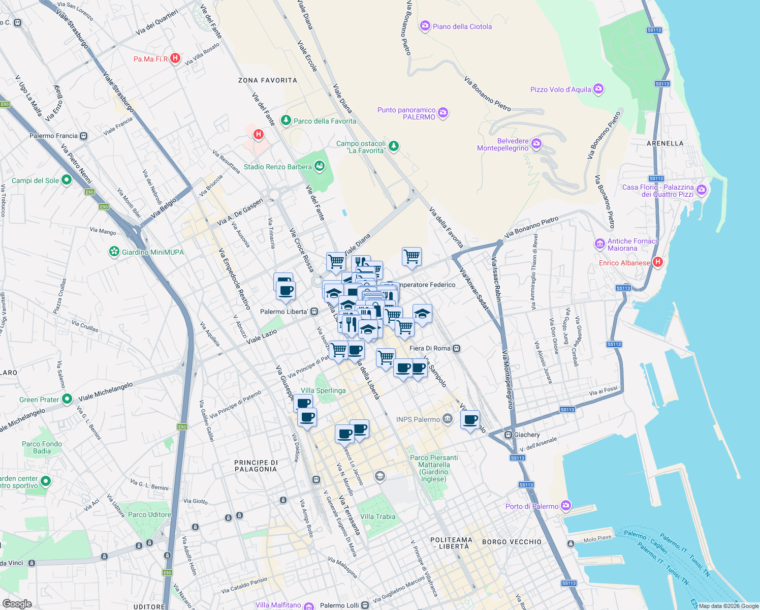 map of restaurants, bars, coffee shops, grocery stores, and more near 23 Via Alessandro Lamarmora in Palermo