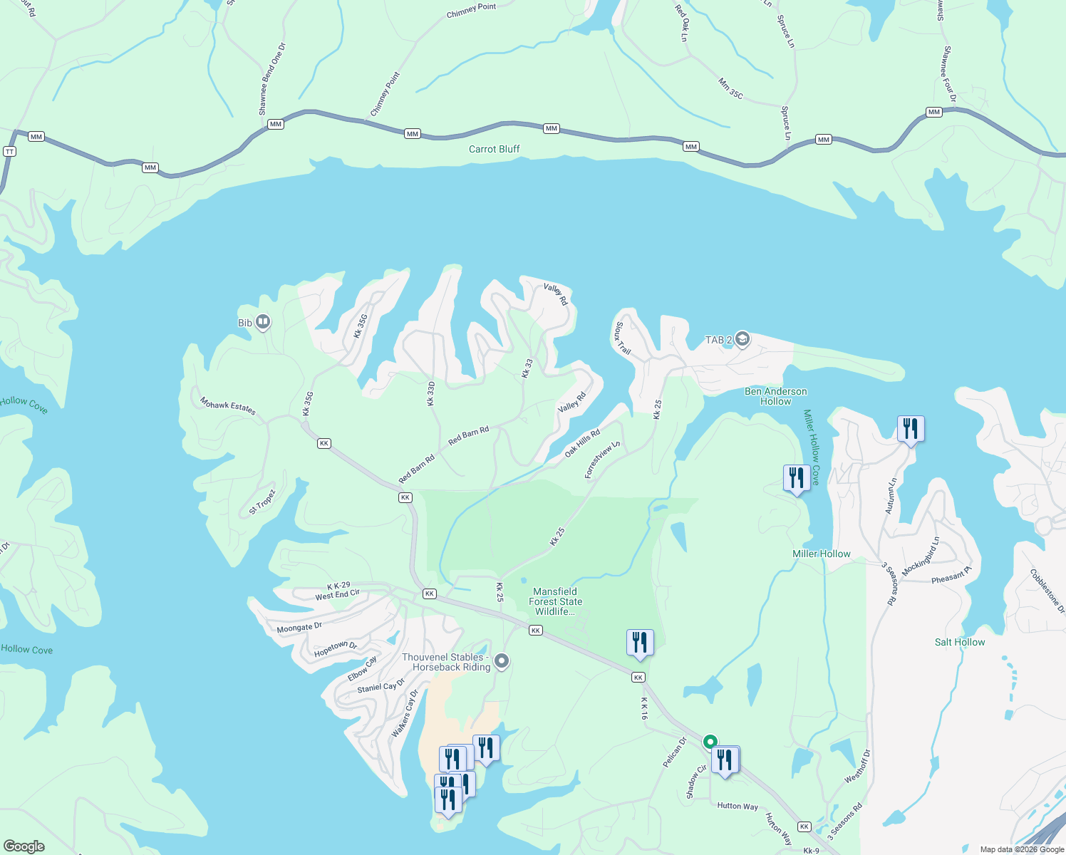 map of restaurants, bars, coffee shops, grocery stores, and more near 1501 Valley Road in Osage Beach