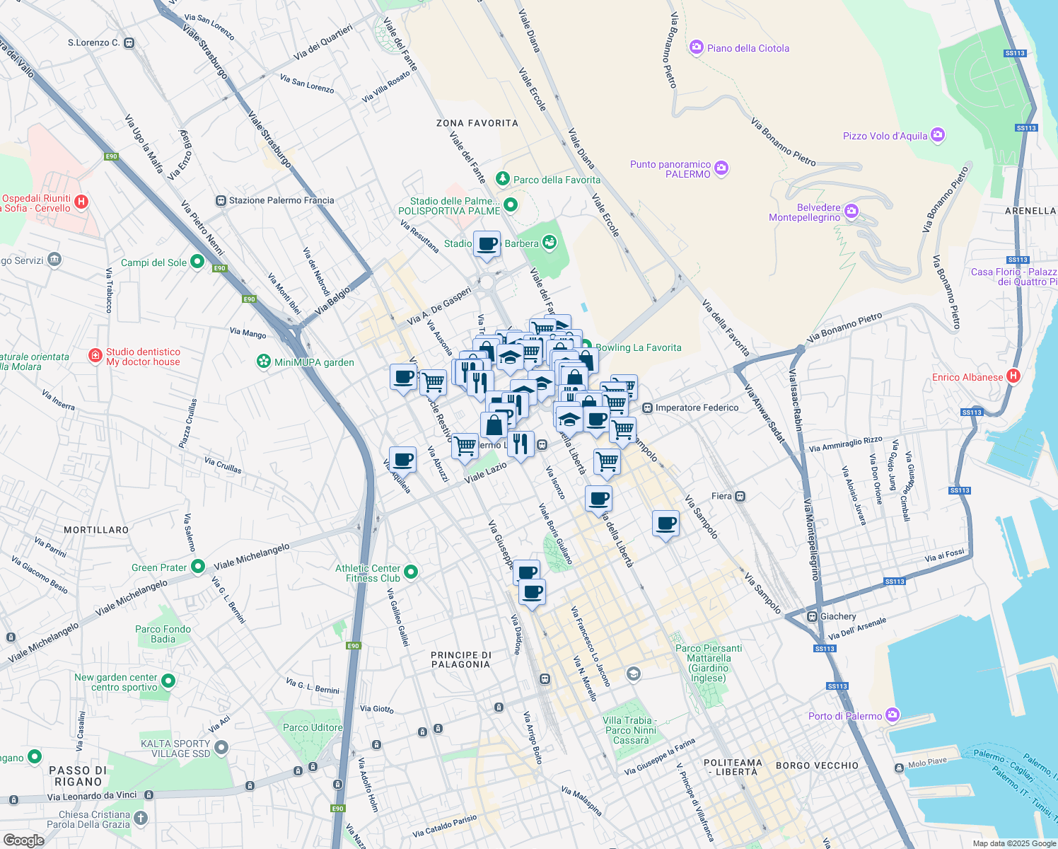 map of restaurants, bars, coffee shops, grocery stores, and more near 12 Via Sicilia in Palermo