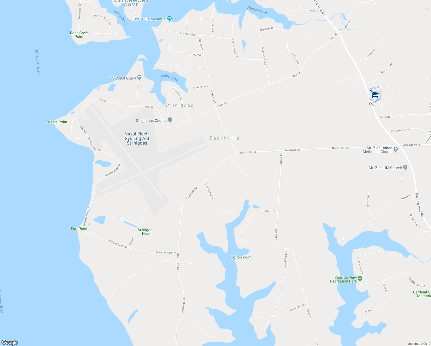 map of restaurants, bars, coffee shops, grocery stores, and more near 47923 Beachville Road in Saint Inigoes