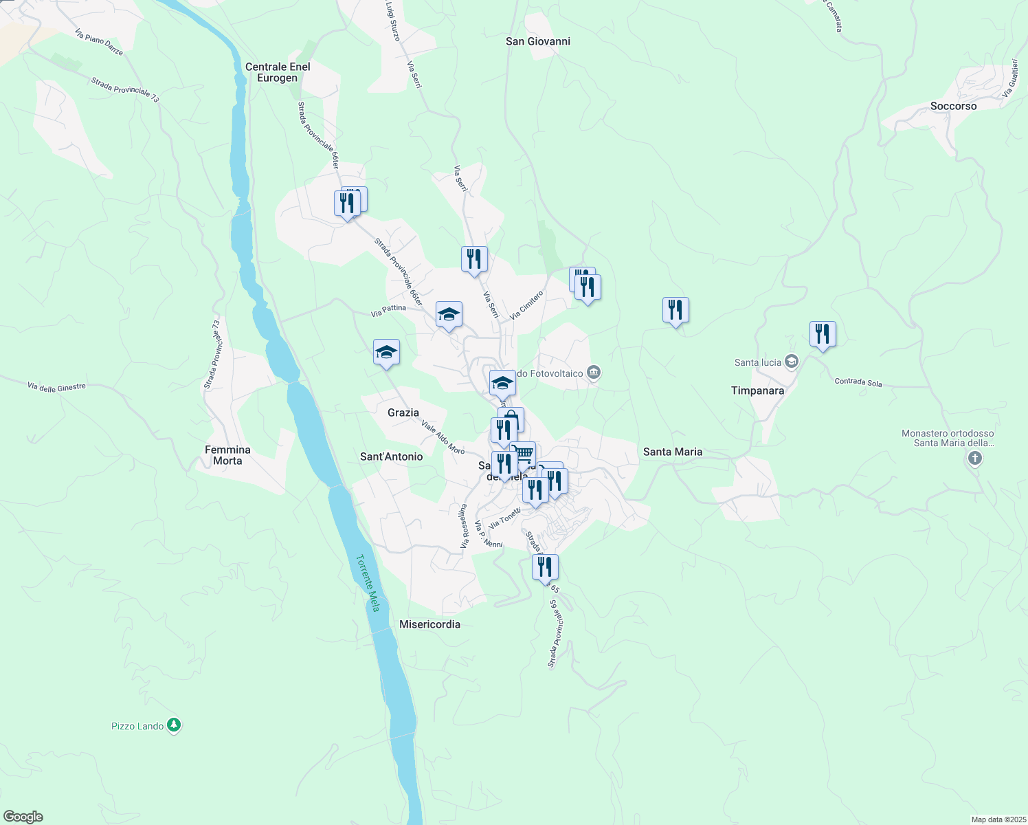 map of restaurants, bars, coffee shops, grocery stores, and more near 62 Via C. Battisti in Santa Lucia del Mela