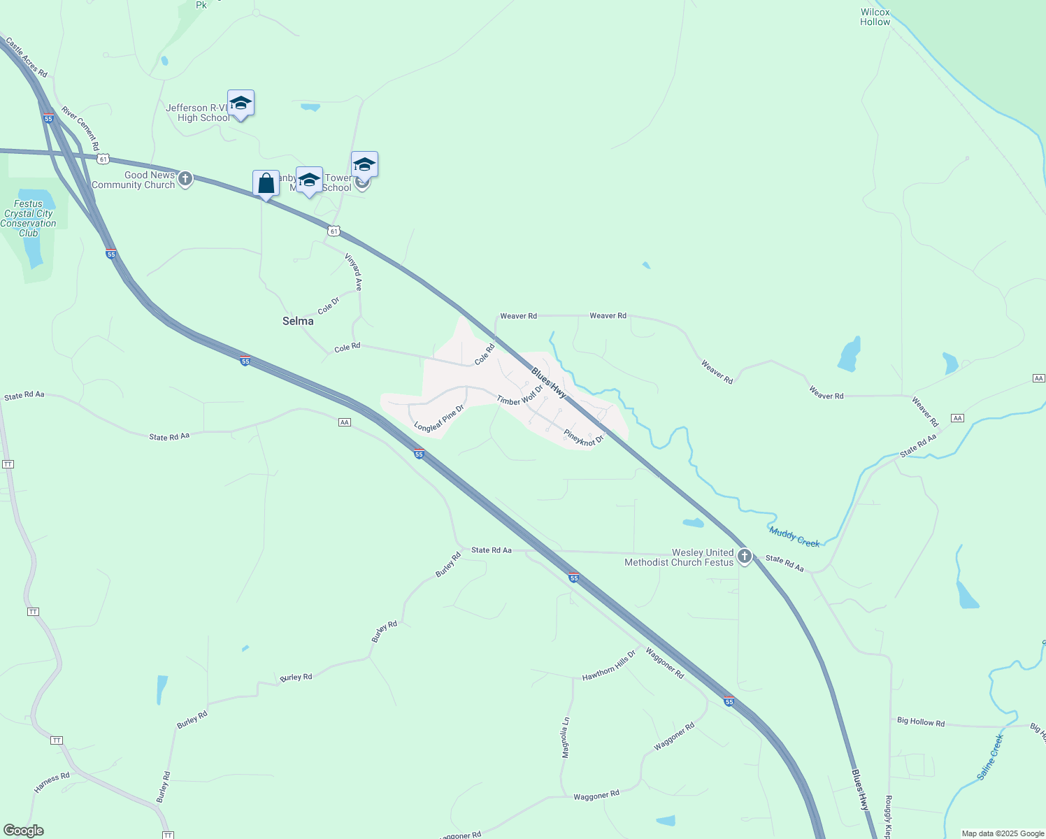 map of restaurants, bars, coffee shops, grocery stores, and more near 109 Calamadi Cir in Festus