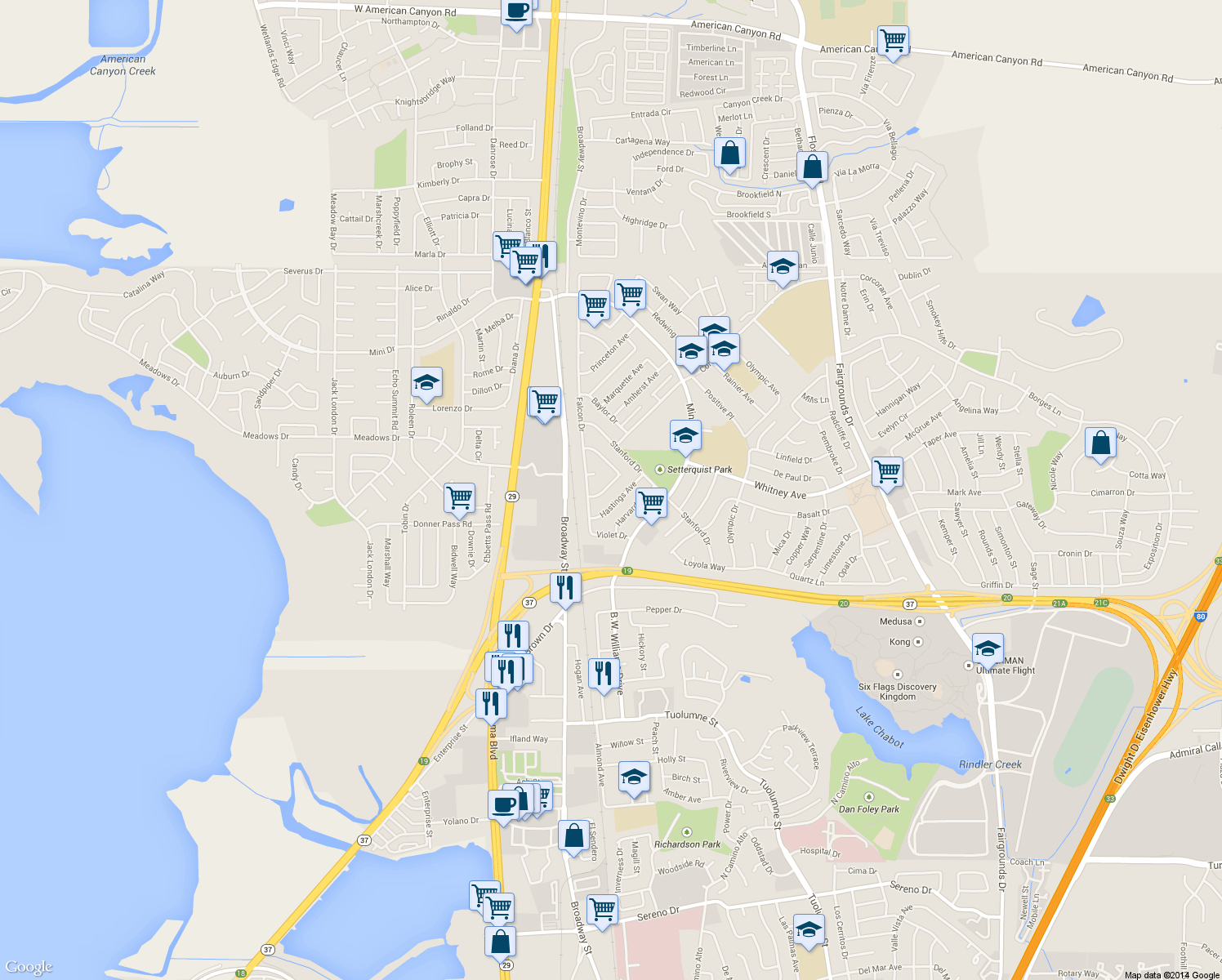 map of restaurants, bars, coffee shops, grocery stores, and more near 133 Cortland Circle in Vallejo