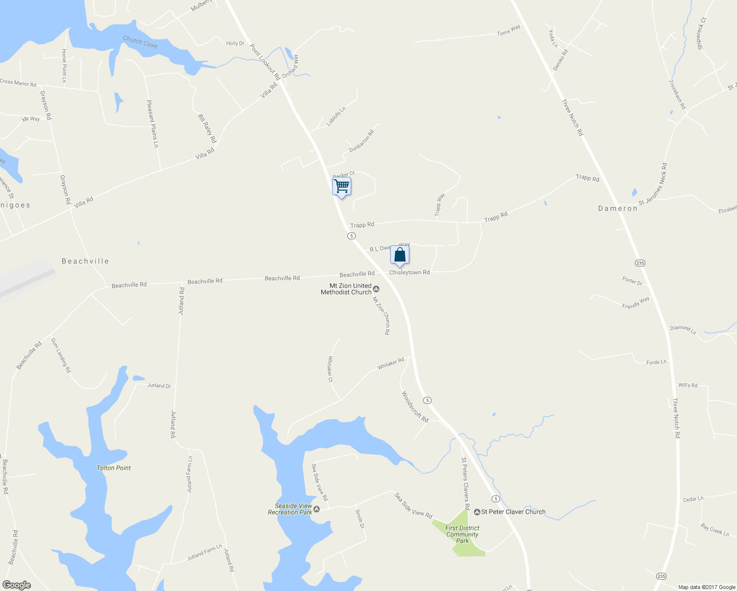 map of restaurants, bars, coffee shops, grocery stores, and more near 17453 Mount Zion Church Road in Saint Inigoes