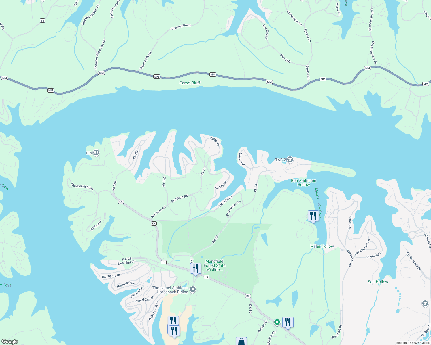 map of restaurants, bars, coffee shops, grocery stores, and more near Kk 33D in Osage Beach