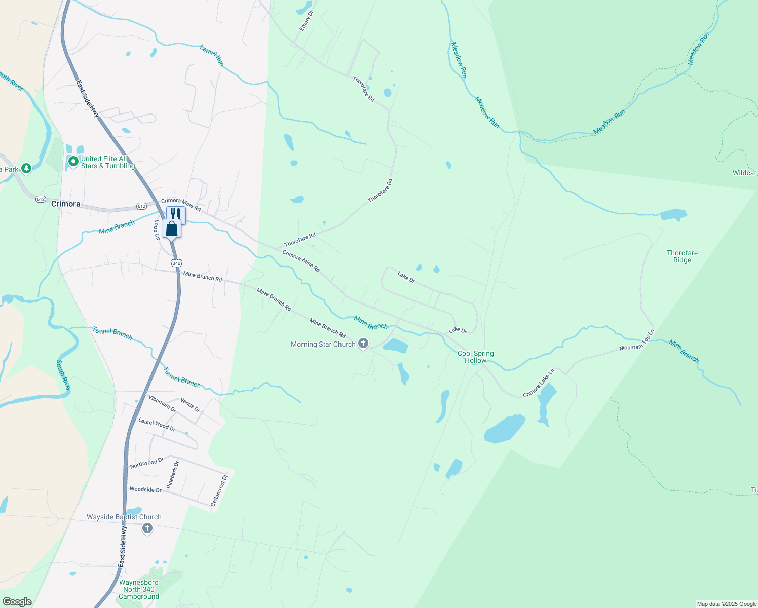 map of restaurants, bars, coffee shops, grocery stores, and more near 474 Crimora Mine Road in Crimora