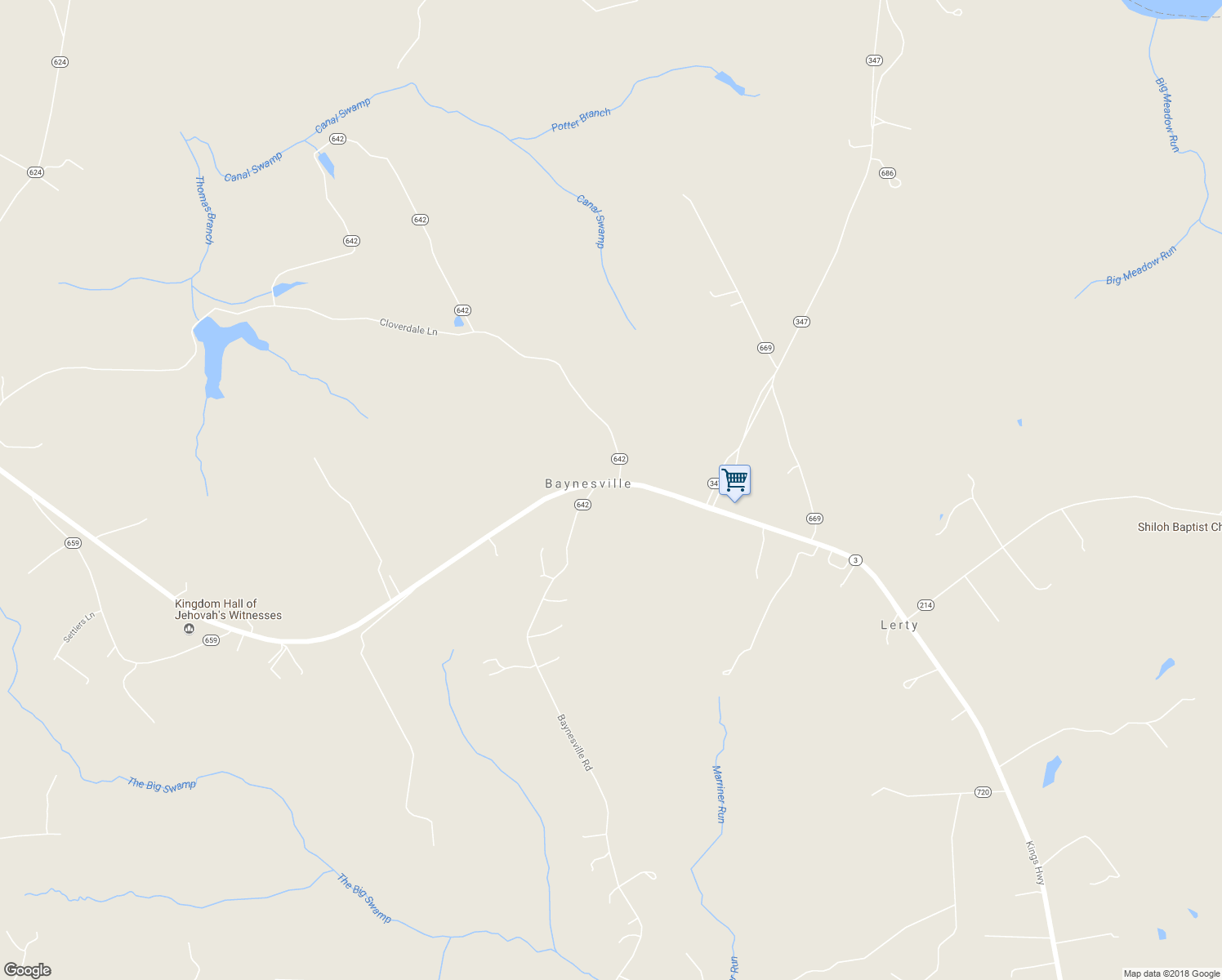 map of restaurants, bars, coffee shops, grocery stores, and more near 10308 Kings Highway in Montross