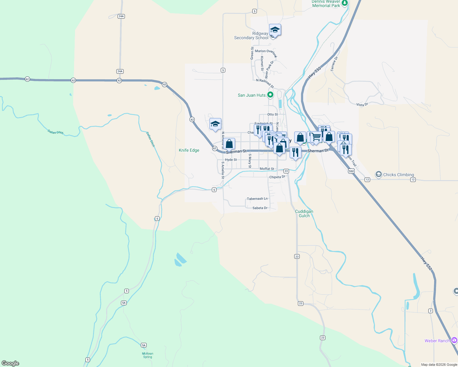 map of restaurants, bars, coffee shops, grocery stores, and more near 418 Amy Way in Ridgway