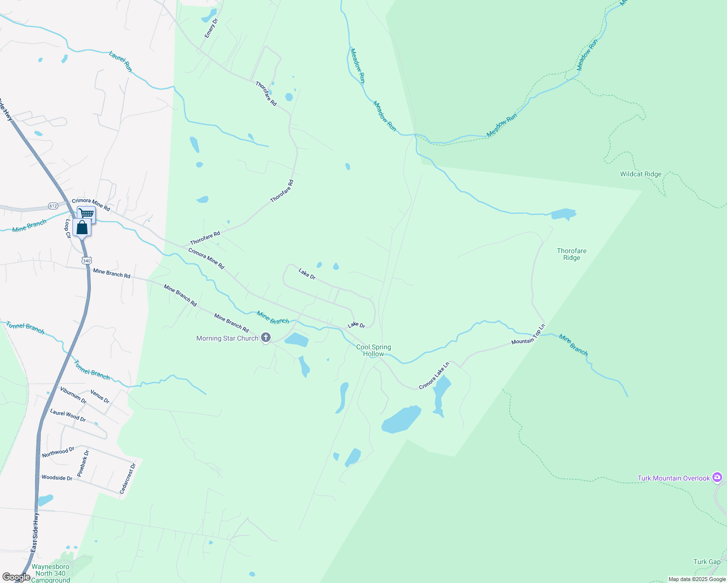 map of restaurants, bars, coffee shops, grocery stores, and more near 125 Lake Drive in Crimora