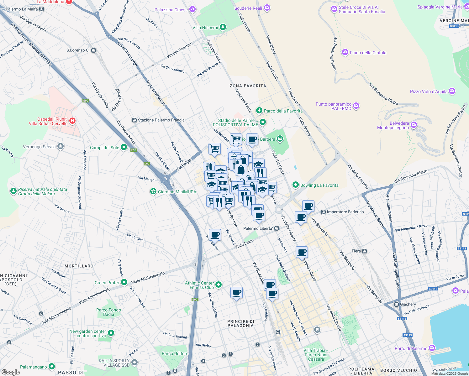 map of restaurants, bars, coffee shops, grocery stores, and more near 35 Via Ausonia in Palermo