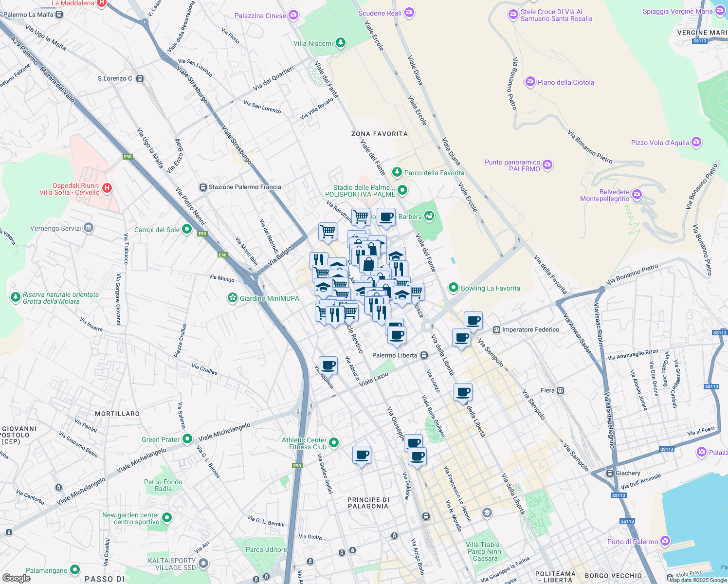 map of restaurants, bars, coffee shops, grocery stores, and more near 35 Via Ausonia in Palermo