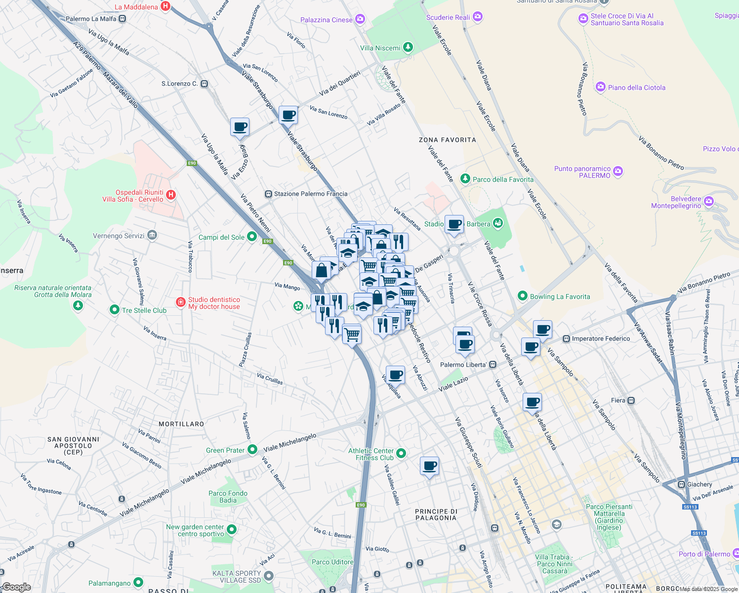 map of restaurants, bars, coffee shops, grocery stores, and more near 110 Via Alcide De Gasperi in Palermo